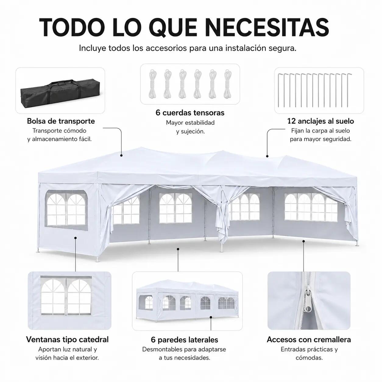 Tenda dobrável 6x3 m com 6 paredes e estrutura reforçada 5/9
