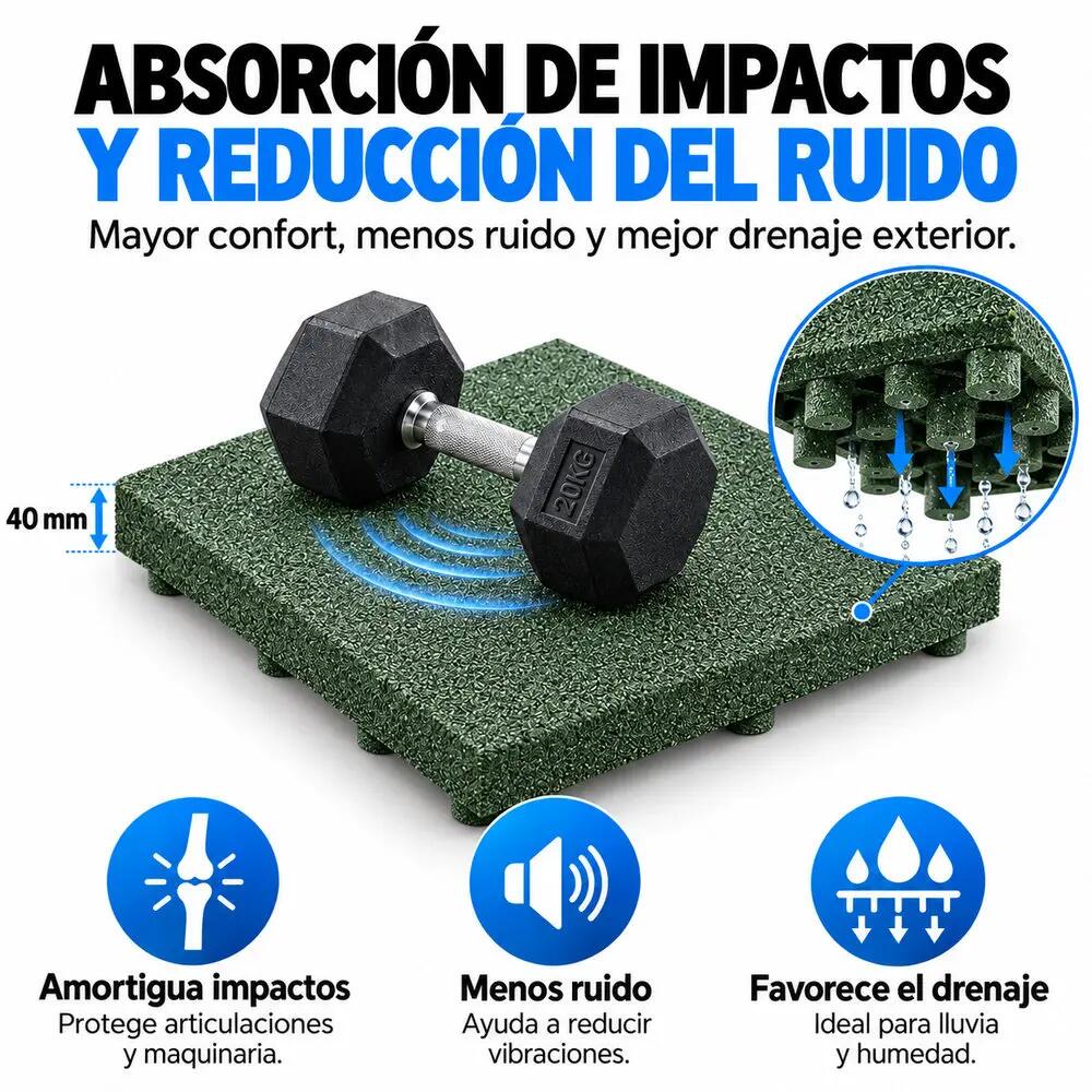 Losetas de Caucho Profesional para Gimnasio Pack 12. 50x50cm x 40mm Verde 3/8