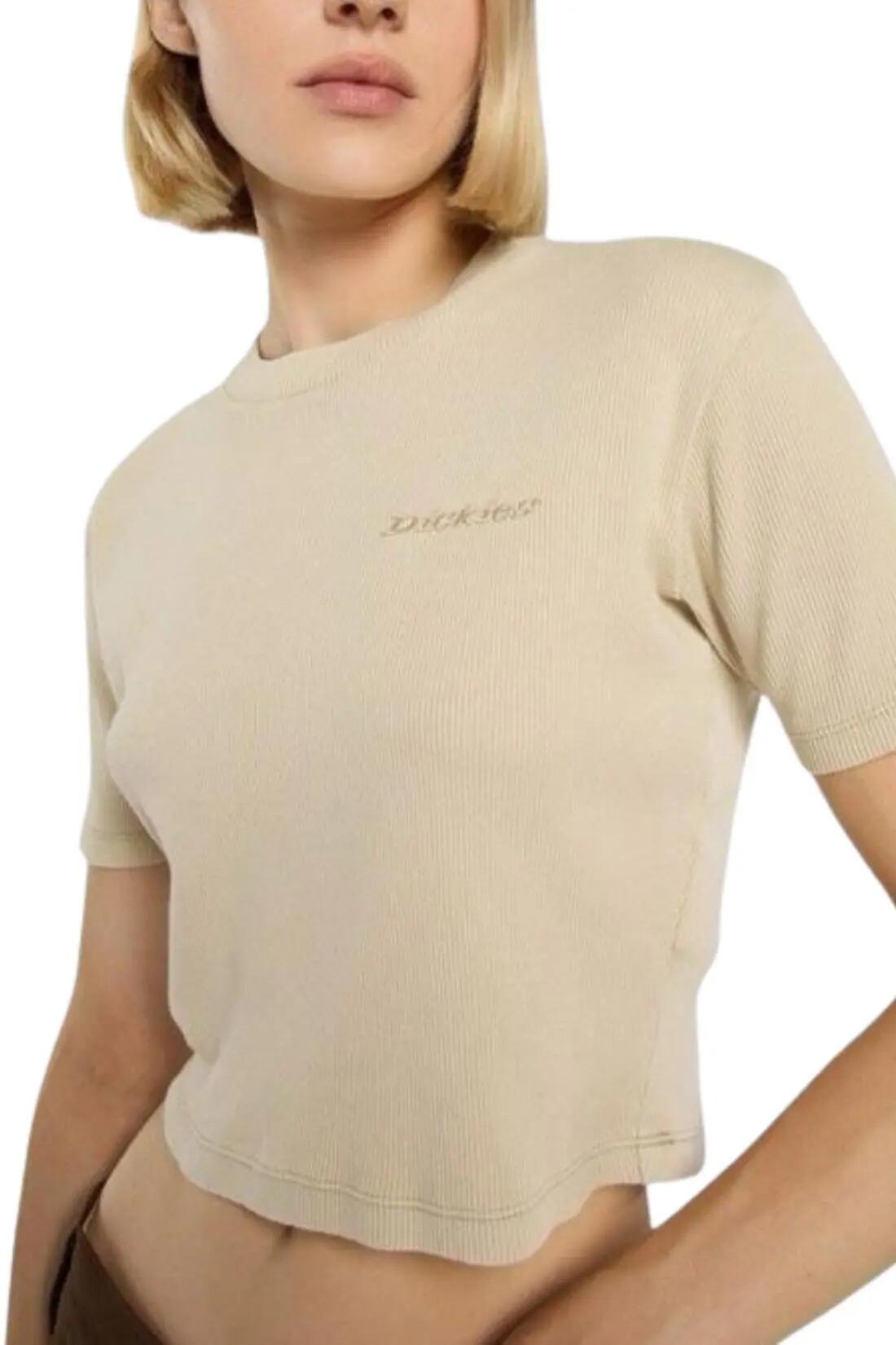 Dámske priliehavé rebrované bavlnené tričko DICKIES Plentywood v pieskovej farbe 4/4