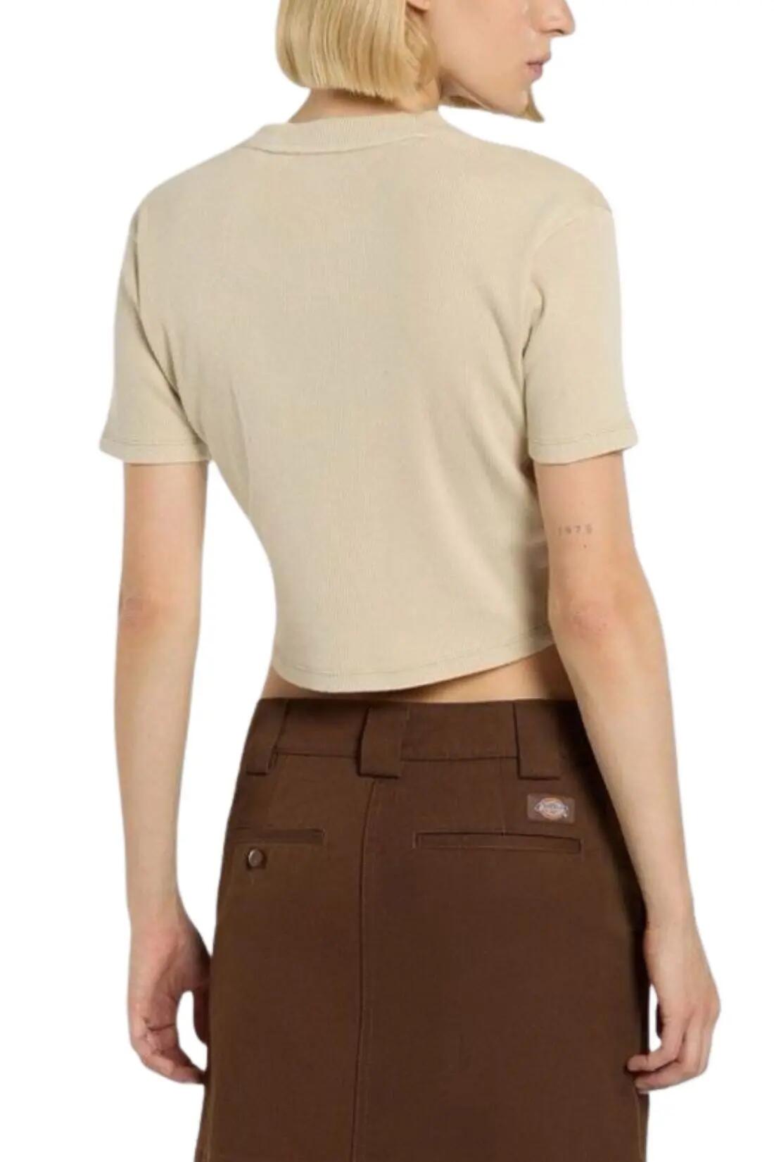 Dámske priliehavé rebrované bavlnené tričko DICKIES Plentywood v pieskovej farbe 3/4