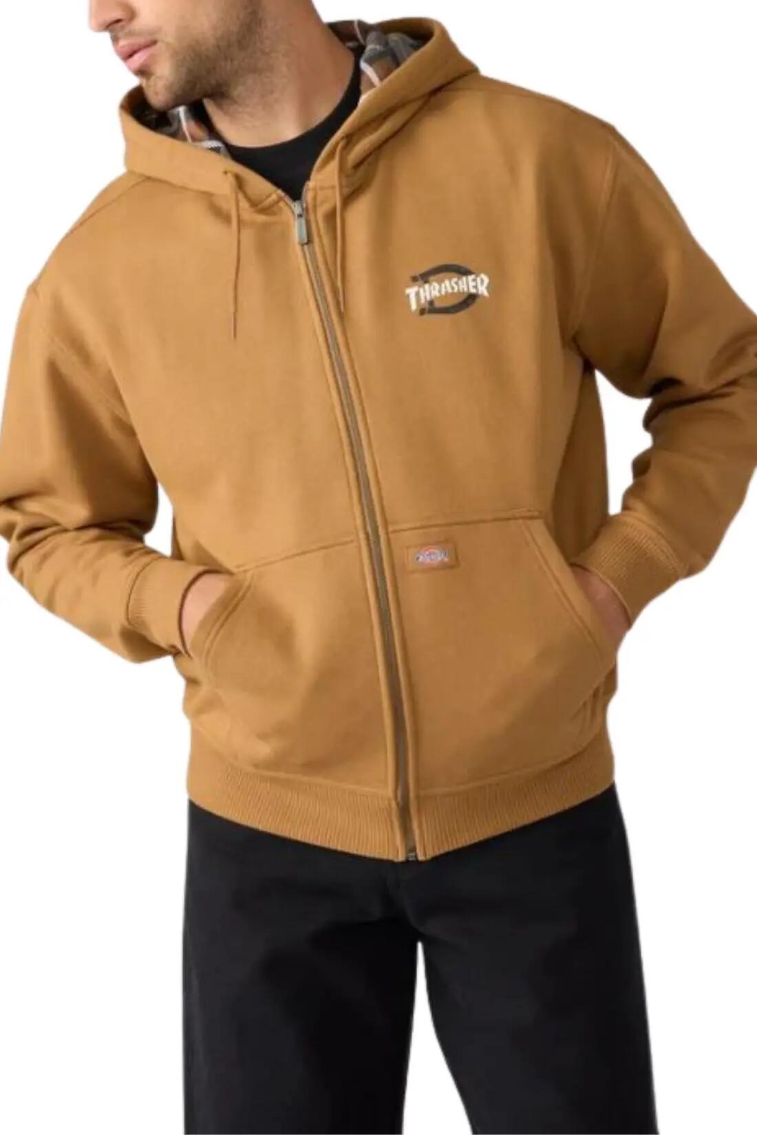 Pánska zapínacia mikina DICKIES x Thrasher s voľným strihom v karamelovohnedej 3/5
