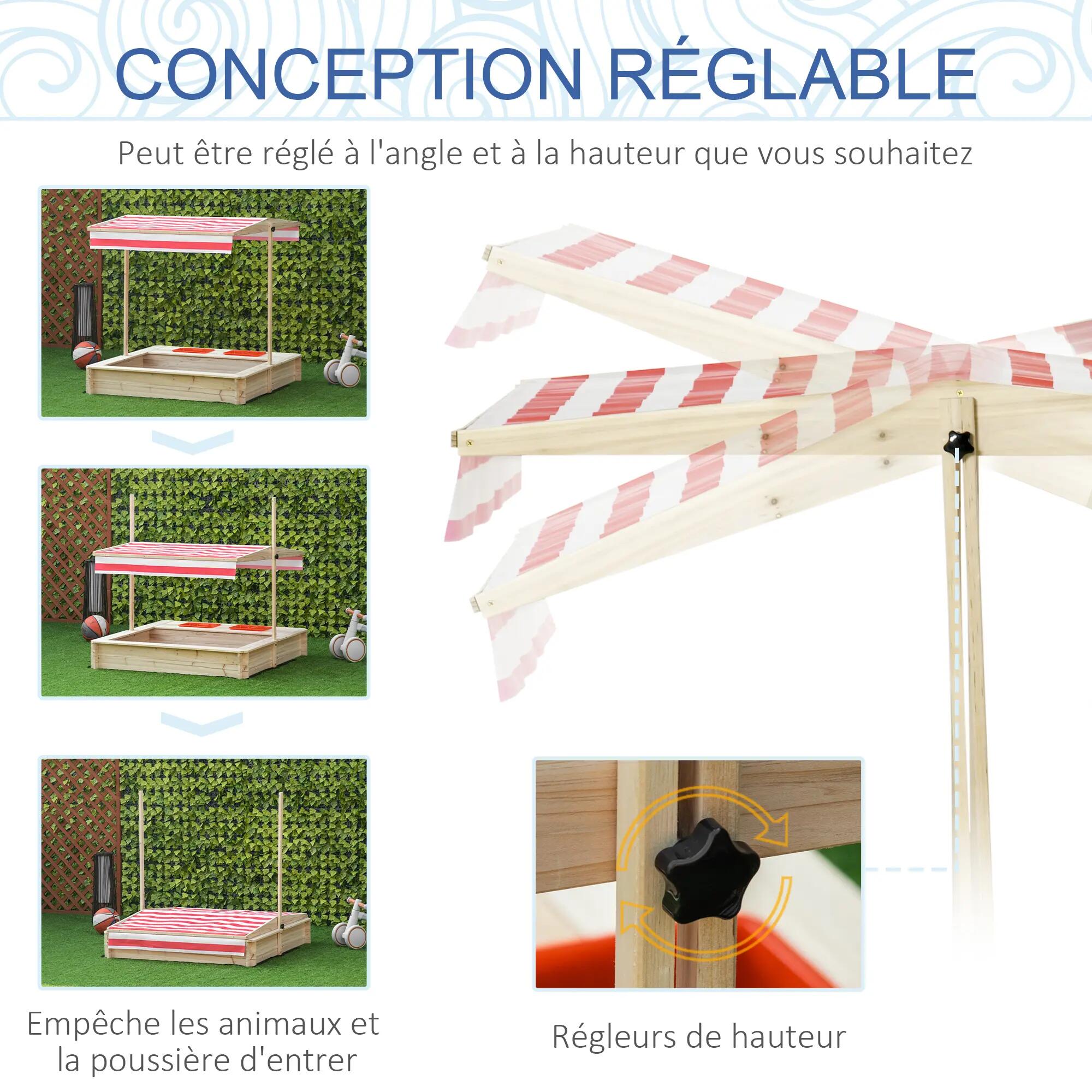 Bac à sable bois carré hauteur inclinaison toit réglables refermable 2/5