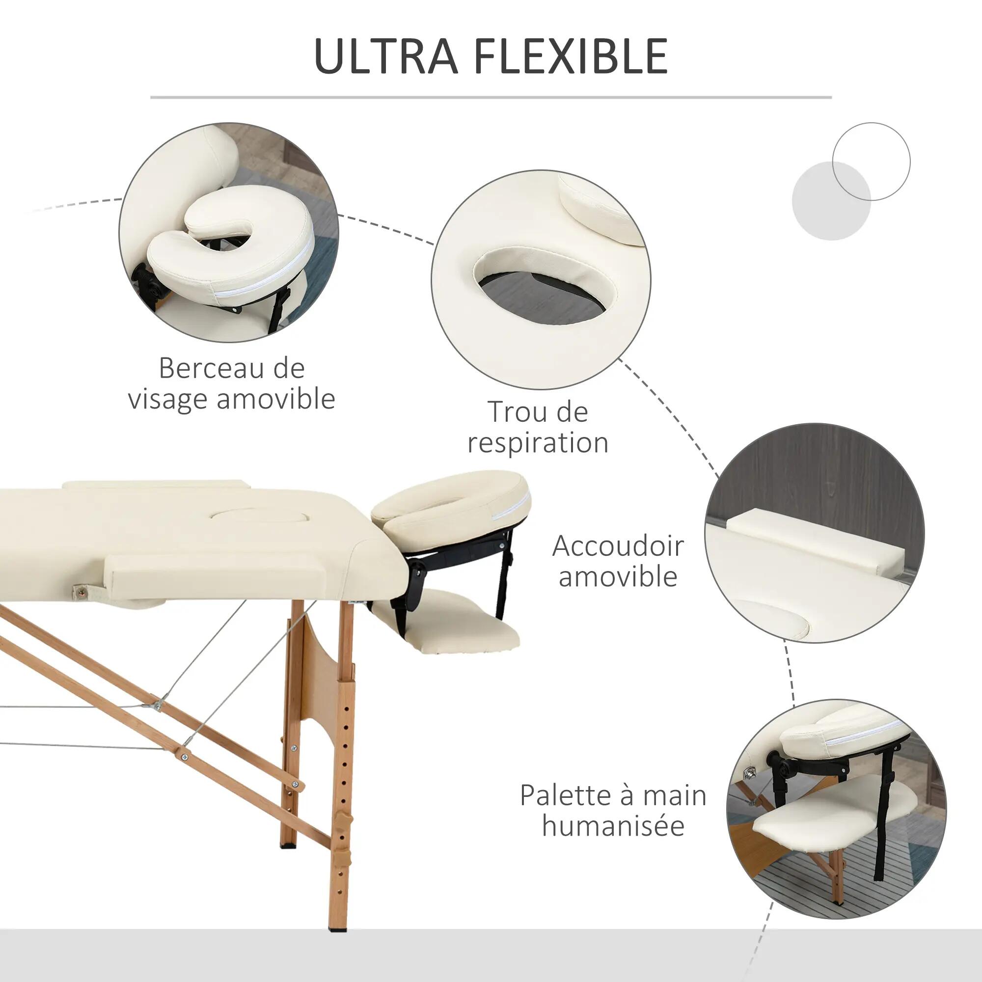 Table de massage pliante 2 zones avec sac et accessoires crème 4/5
