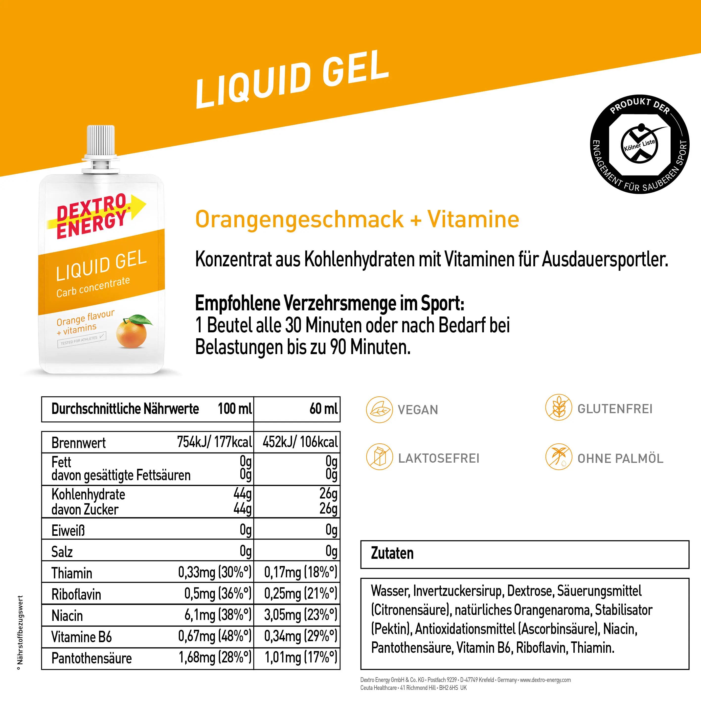Liquid Gel Orange + Vitamins, 18x60ml, High Carb Energy Gel mit B-Vitaminen 6/6