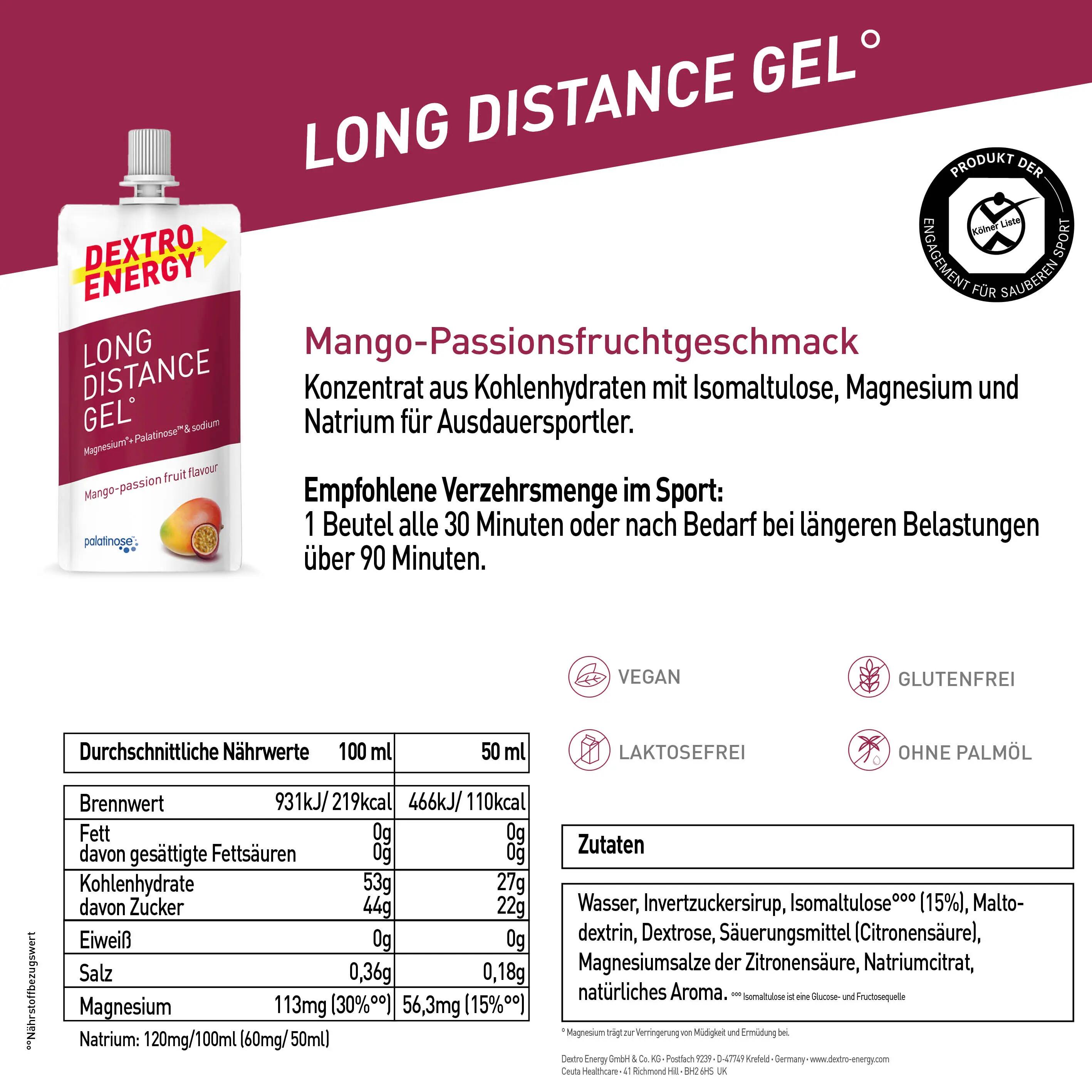 Long Distance Gel Mango Passionfruit, 12x50ml, slow release high carb energy gel 6/6