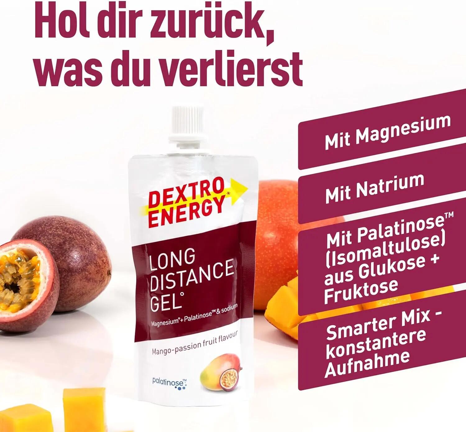 Long Distance Gel Mango Passionfruit, 12x50ml, slow release high carb energy gel 4/6