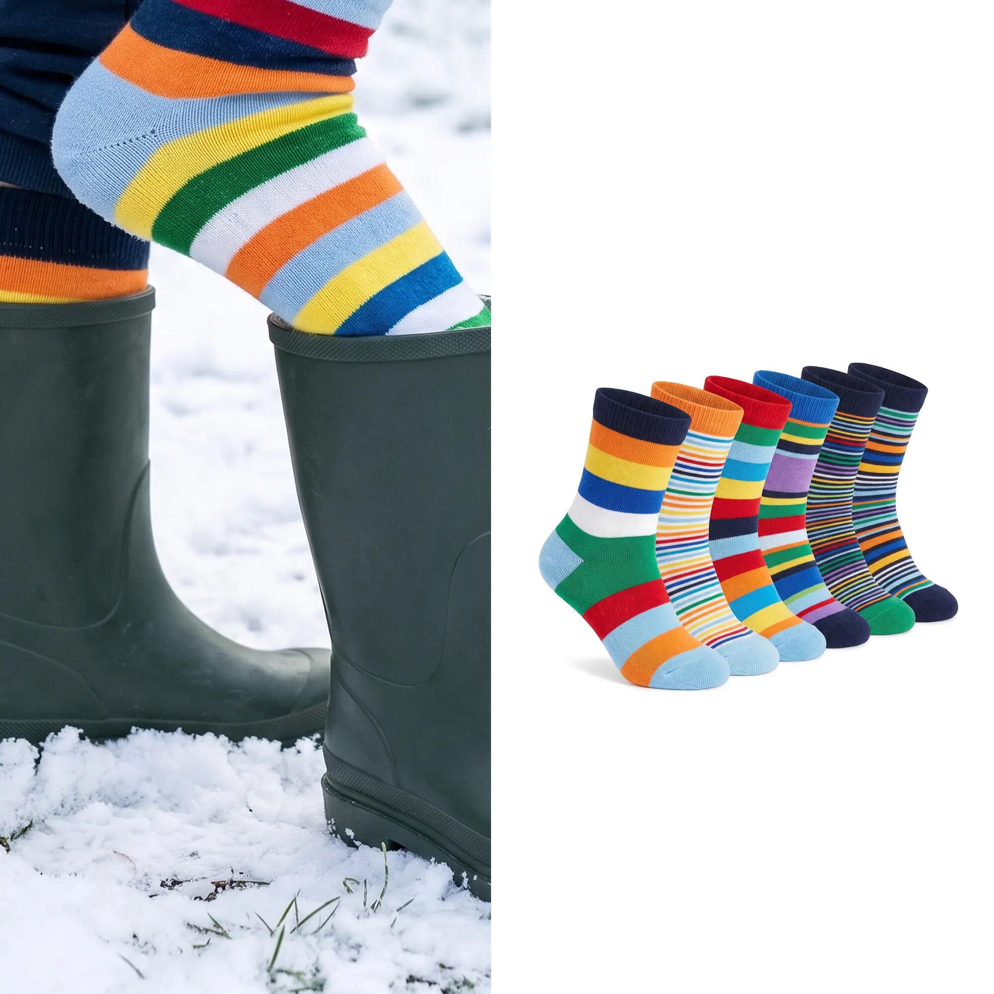 Kinder warme Socken Ringel Frottee innen ohne Noppen für Winterstiefel 6er Pack 3/4