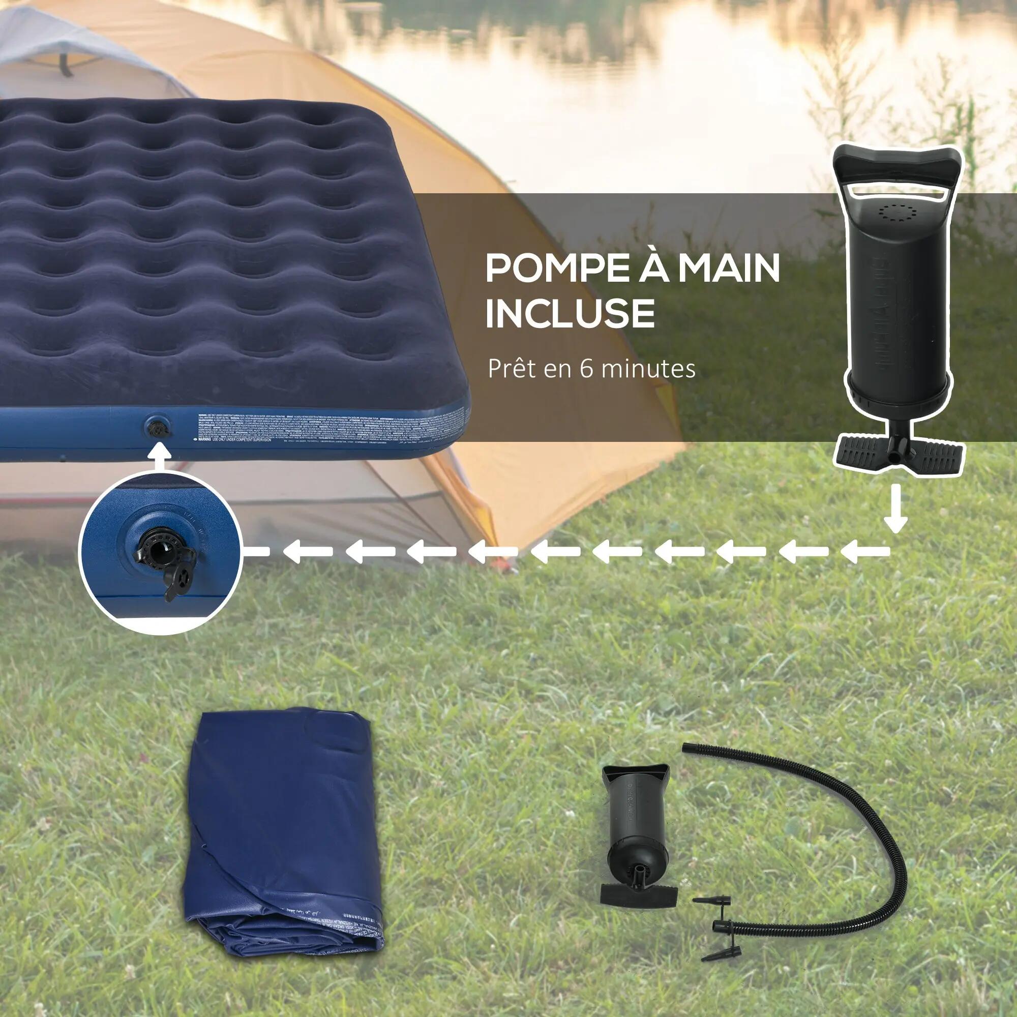 Matelas gonflable double avec gonfleur manuel surface floquée bleu 5/5