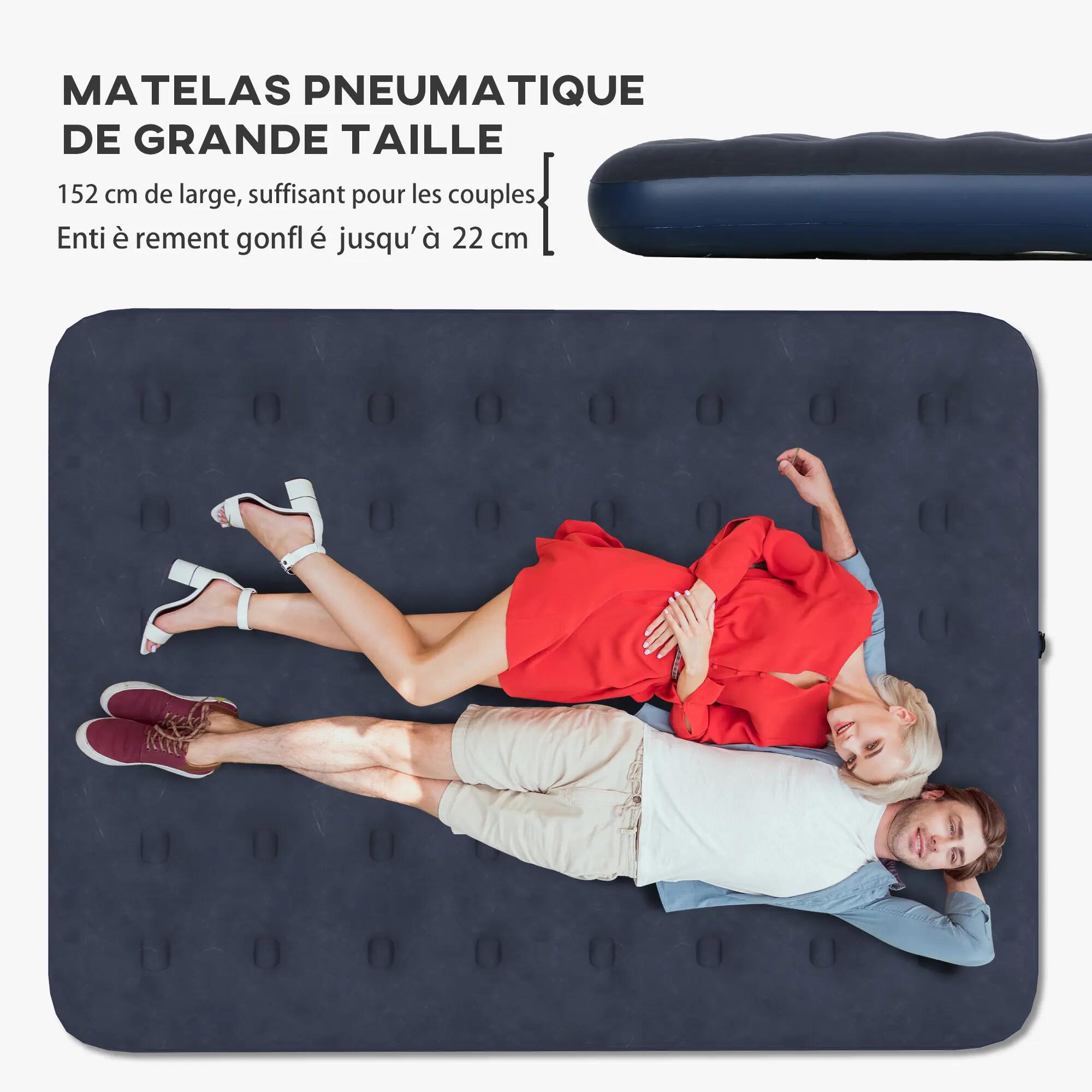 Matelas gonflable double avec gonfleur manuel surface floquée bleu 4/5