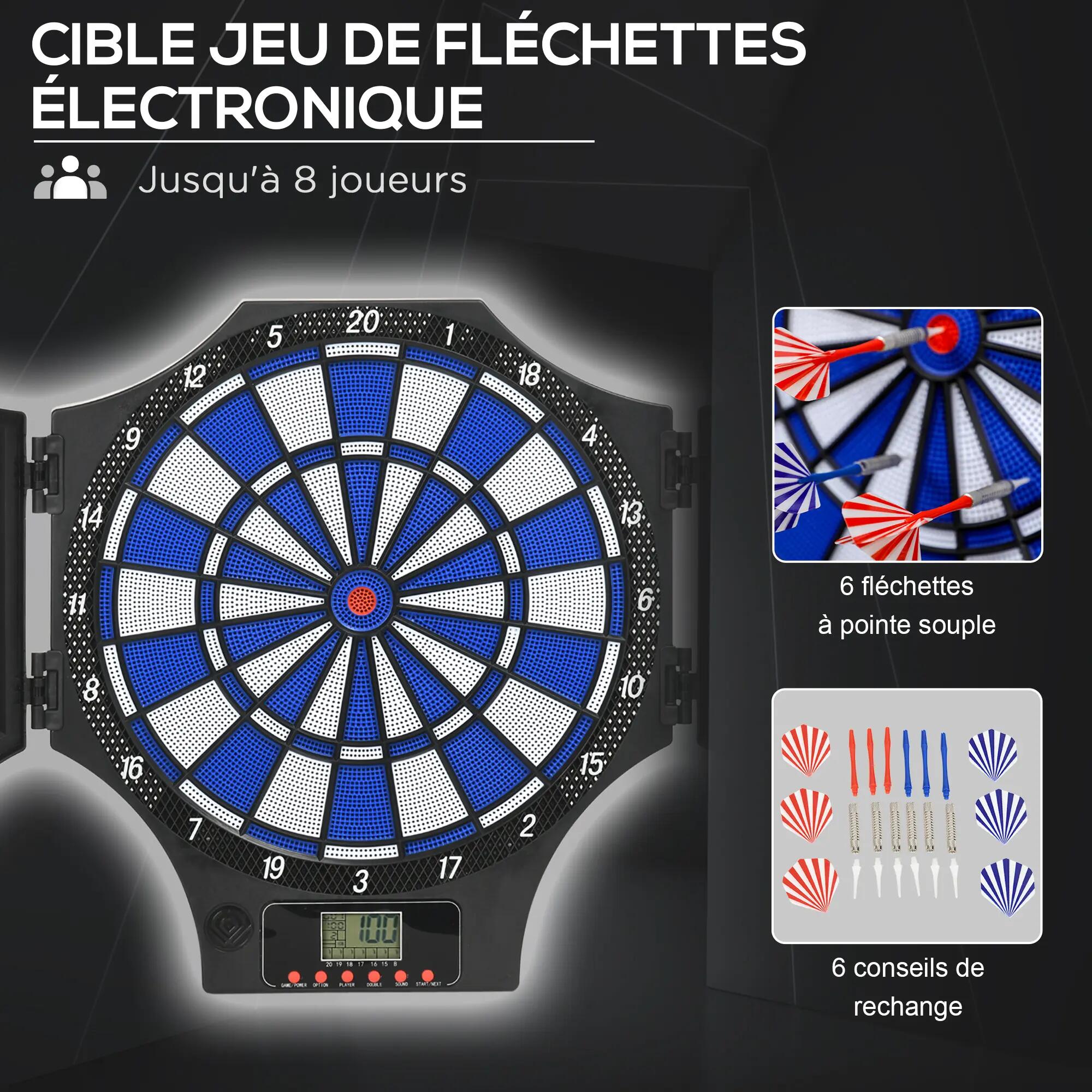 Jeu de fléchettes électronique 2 portes 31 jeux 8 joueurs max. 4/5