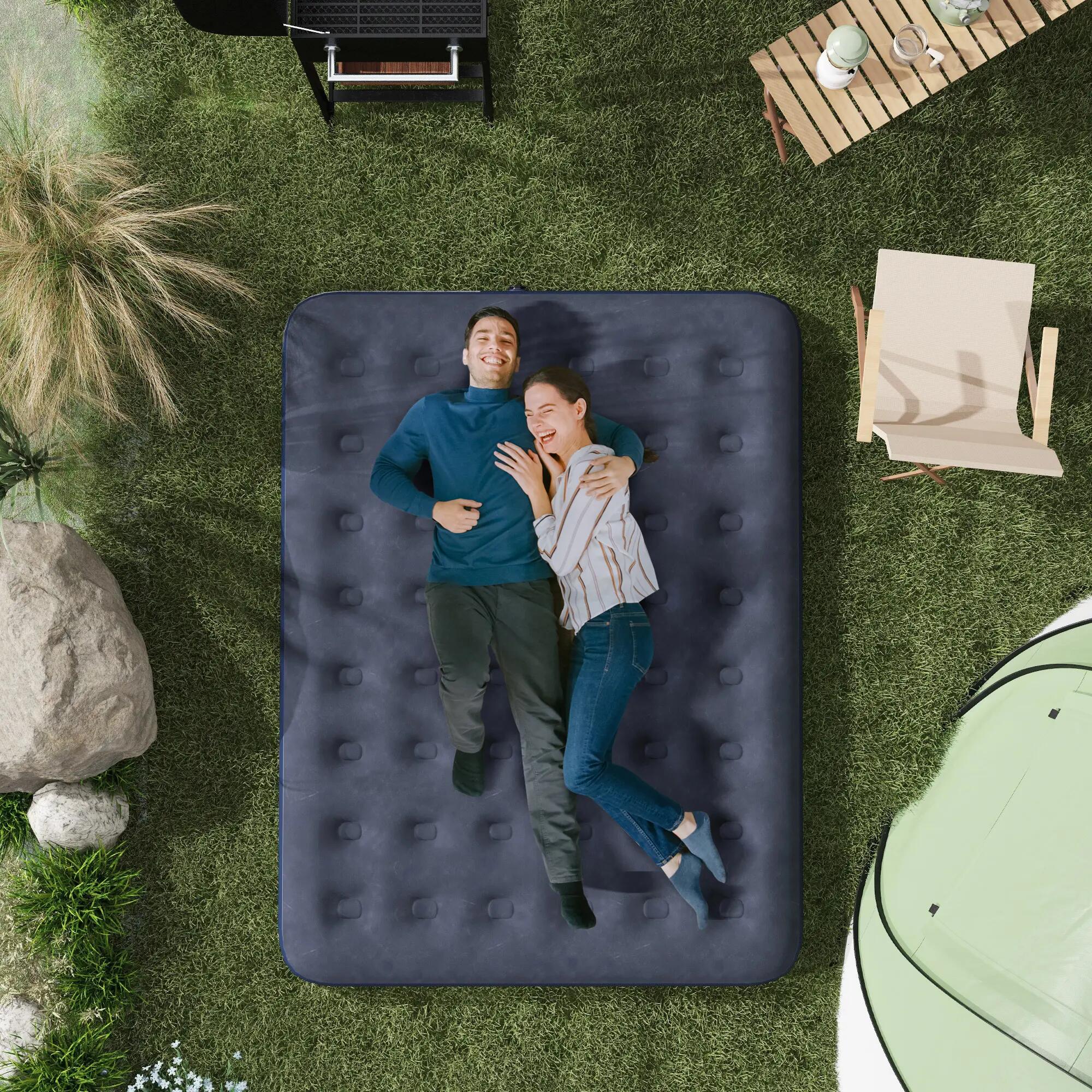 Matelas gonflable double avec gonfleur manuel surface floquée bleu 2/5