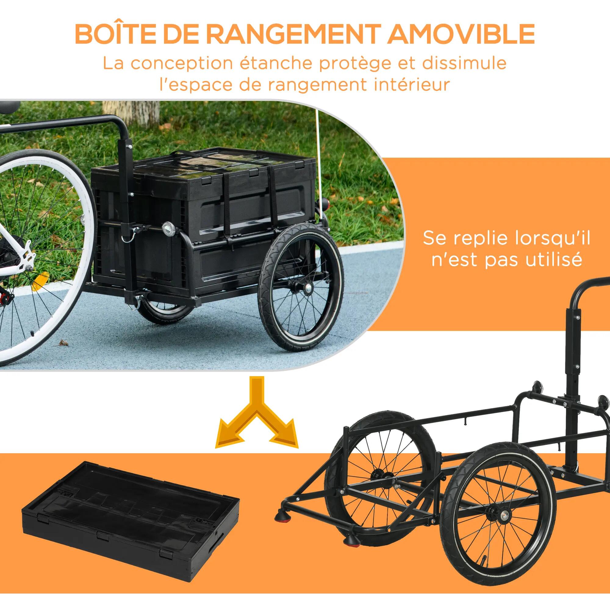 Remorque vélo cargo coffre pliable amovible 65L acier PP noir 4/5