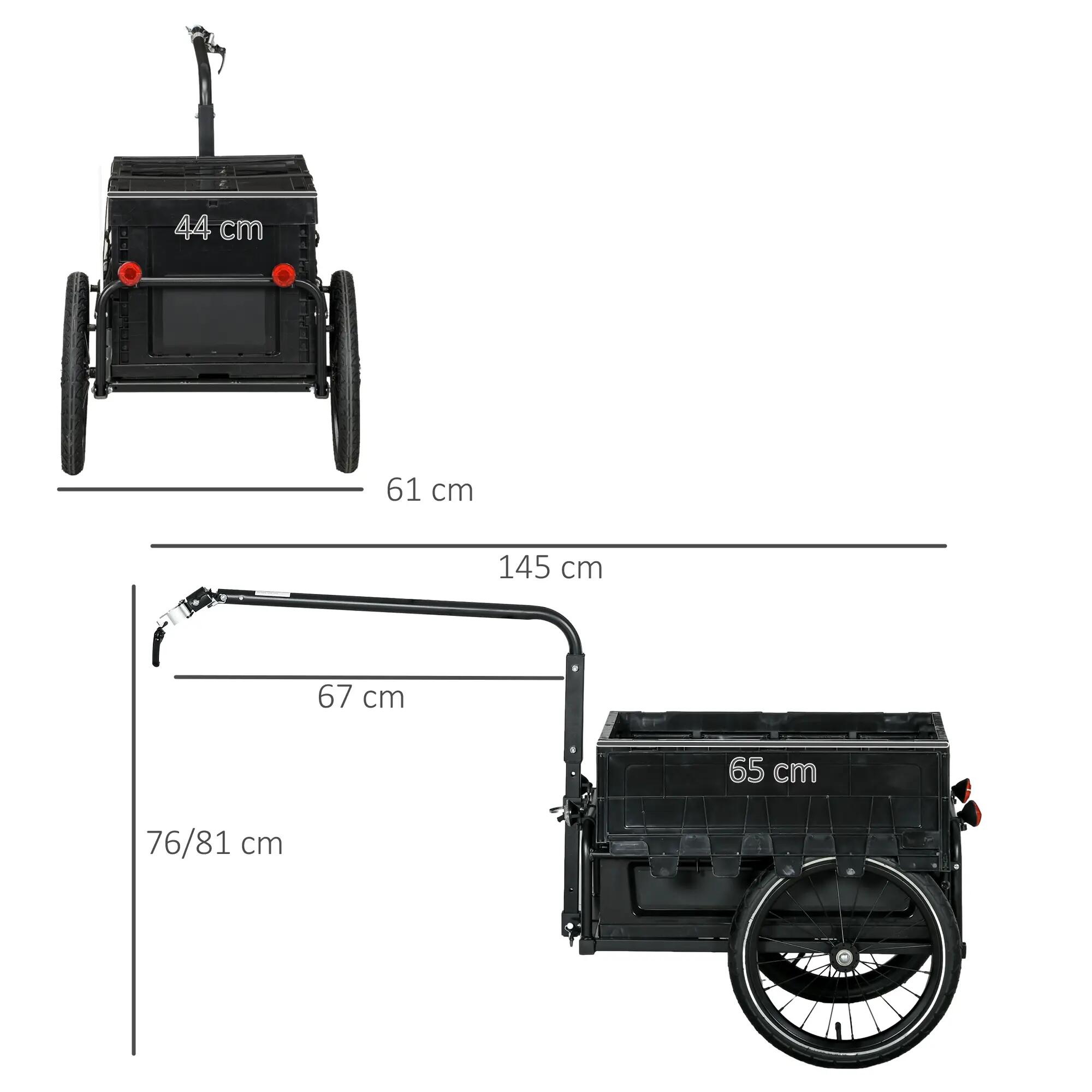 Remorque vélo cargo coffre pliable amovible 65L acier PP noir 3/5