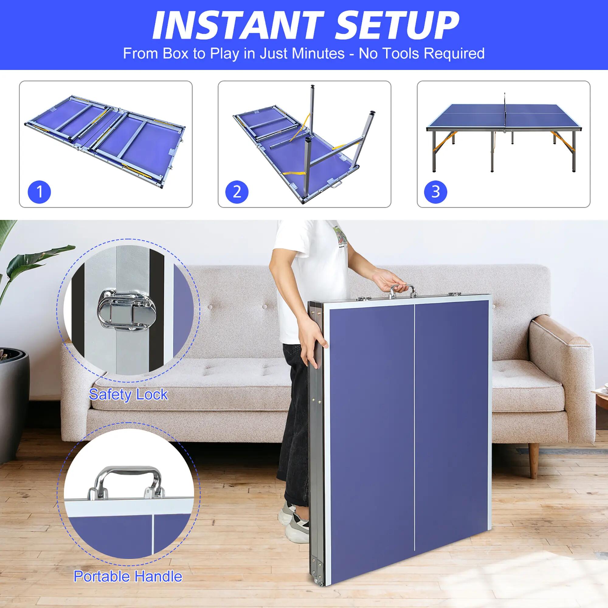 Table de ping-pong pliable avec filet et raquettes, idéale pour une utilisation 5/8