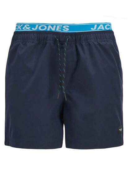 Short de bain homme grande taille double ceinture bleu