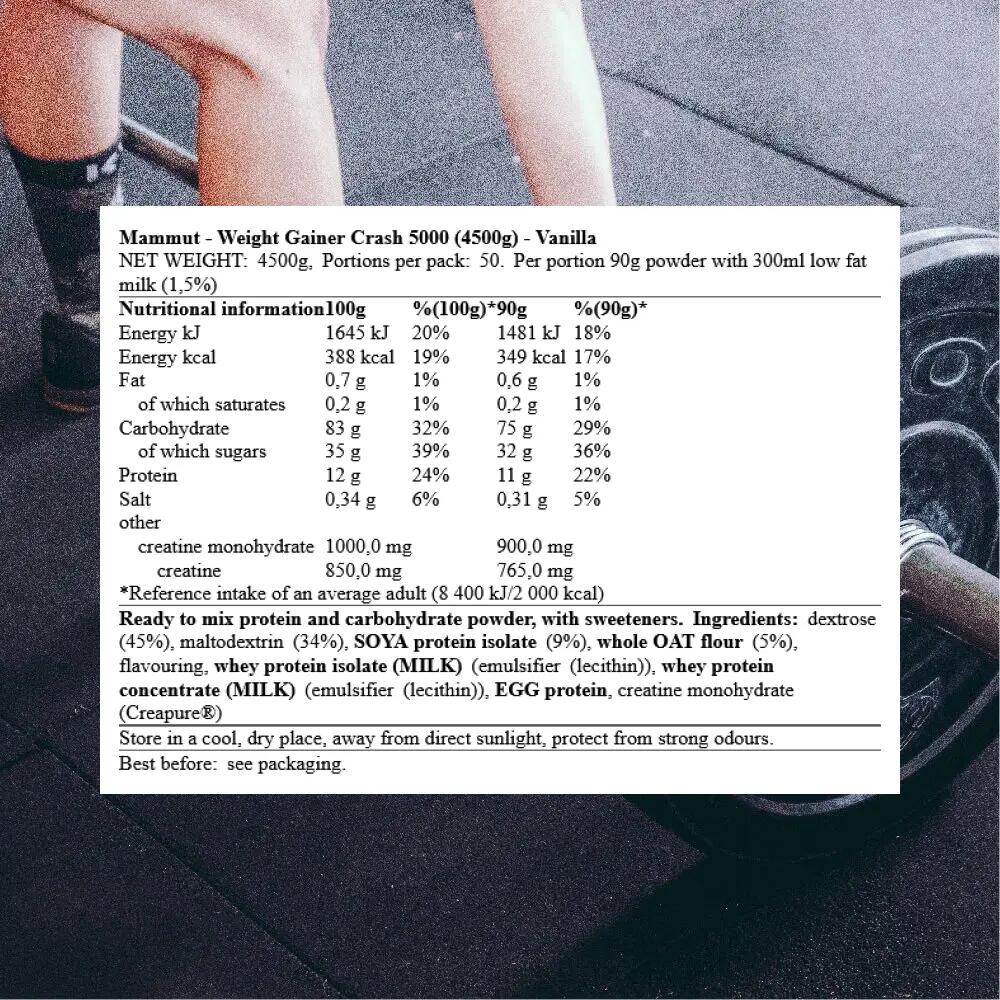 Mammut Weight Gainer Crash 5000 (4500g) Vanilla - Gewichtstoename - Met Creatine 3/4