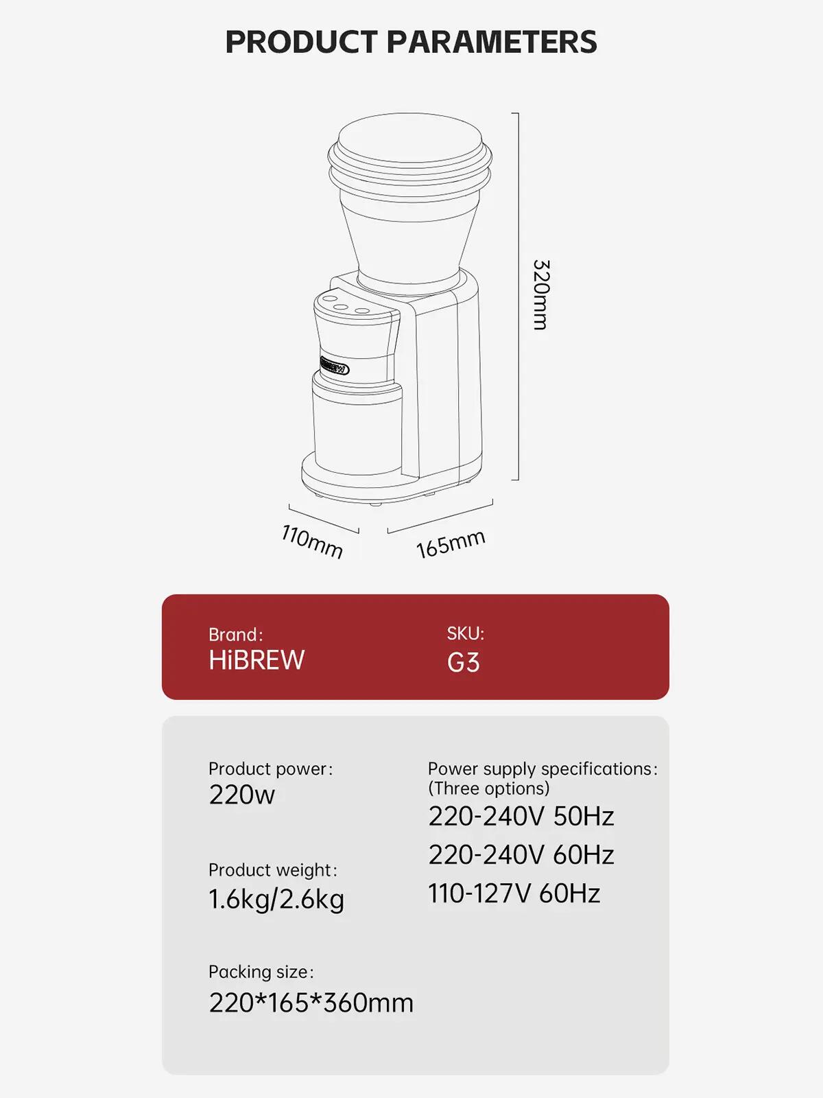 HiBREW G3 Moinho de café automático 220W 34 configurações de moagem 11/11