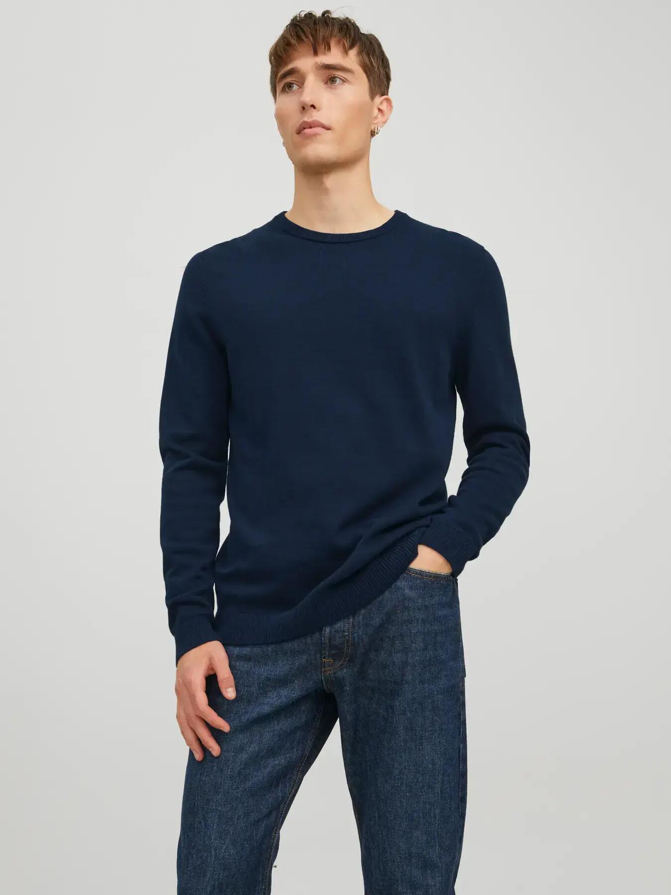 Homme Pull Regular Fit Basic Bleu marine 3/8