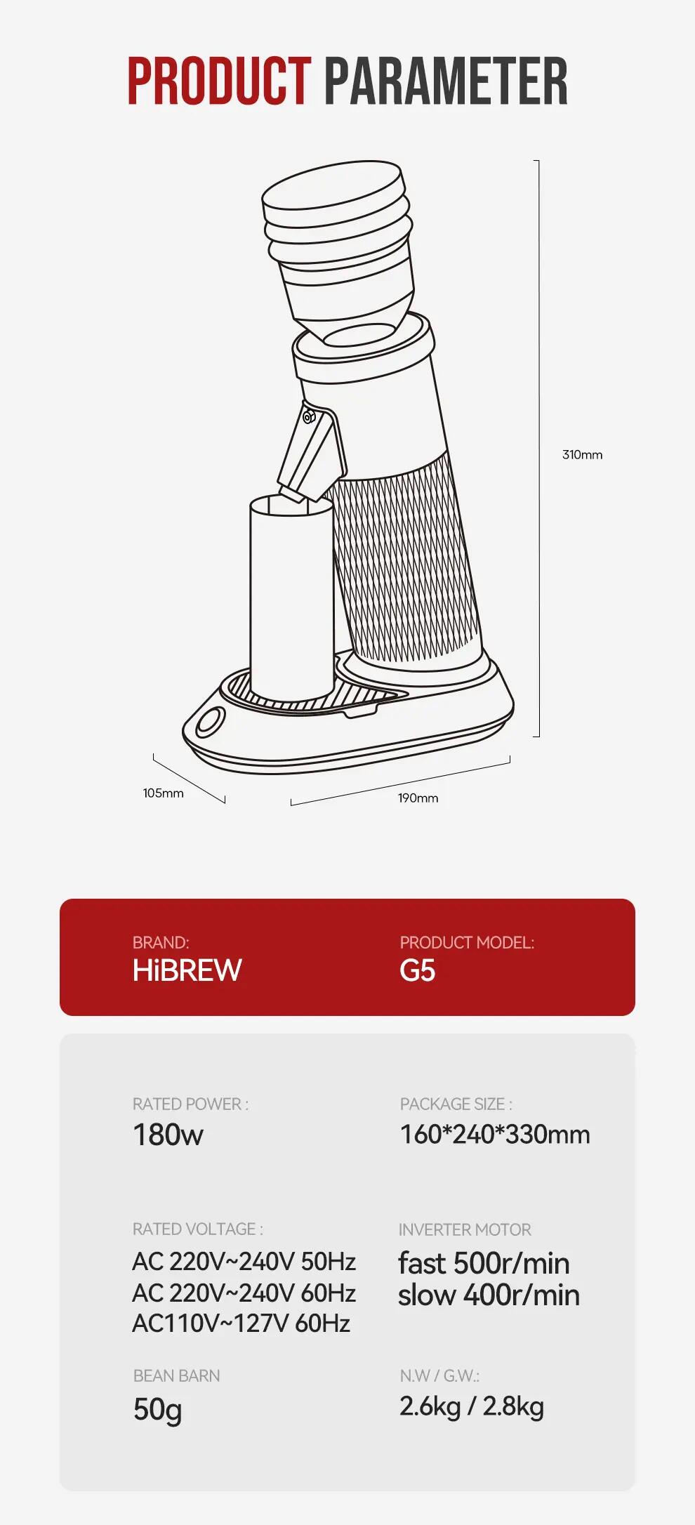 HiBREW G5 Automatický mlynček na kávu 180W 36 stupňov mletia 15/15
