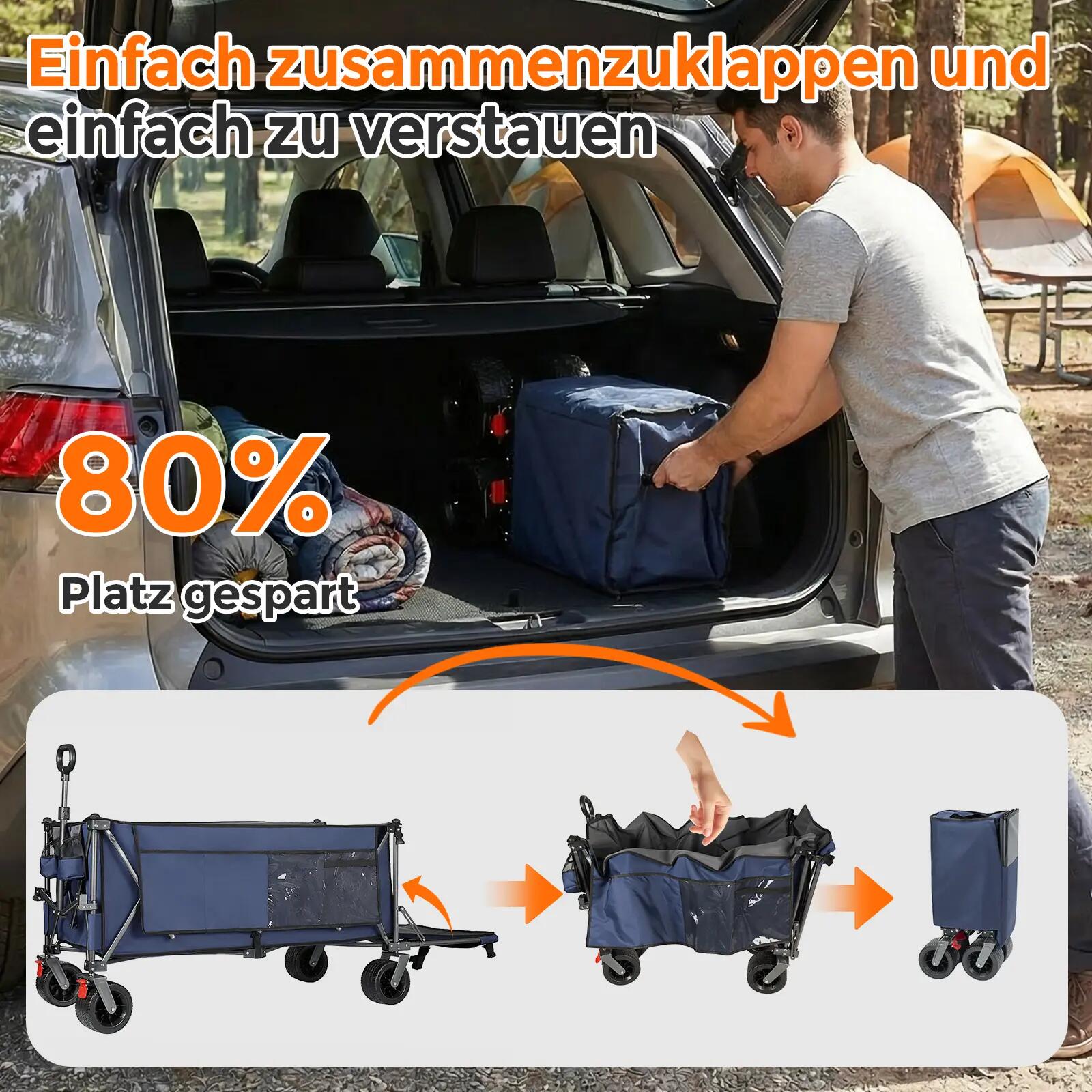 Chariot pliable 420L 180cm roues tout-terrain bleu jardin plage 6/6