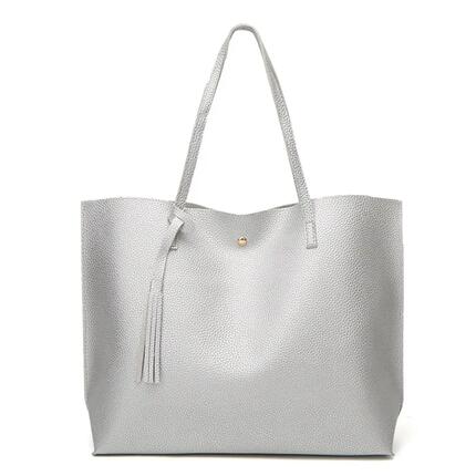 Sac cabas femme grand, pompon, PU, argent
