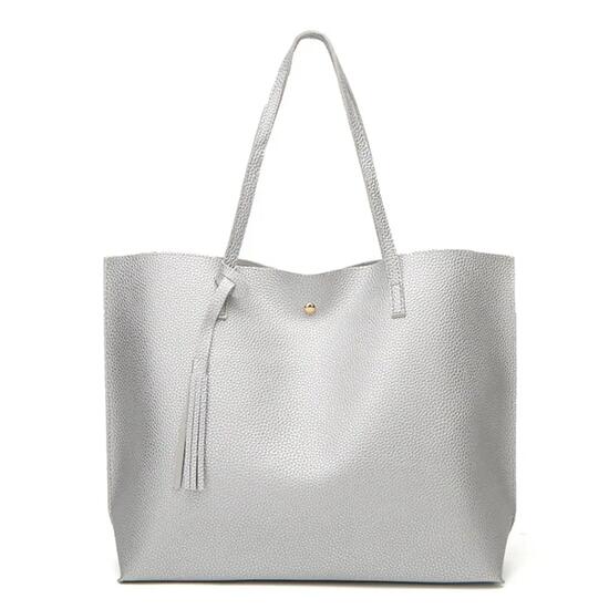 Sac cabas femme grand, pompon, PU, argent