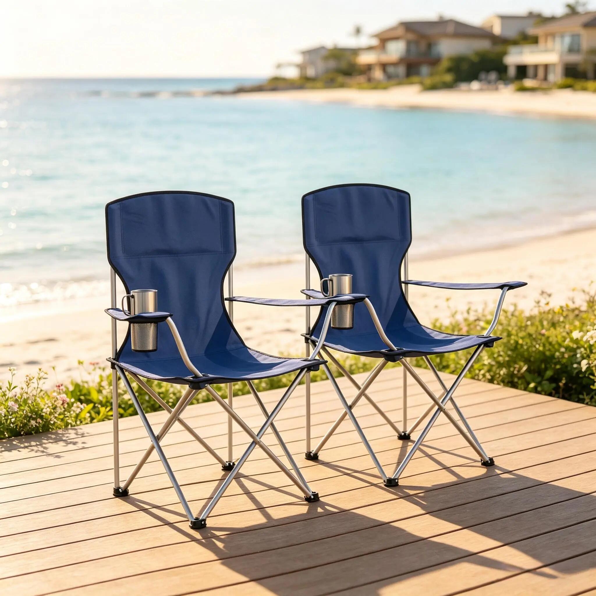 Lot 2 chaises camping pliantes porte-gobelet haut dossier 1/6