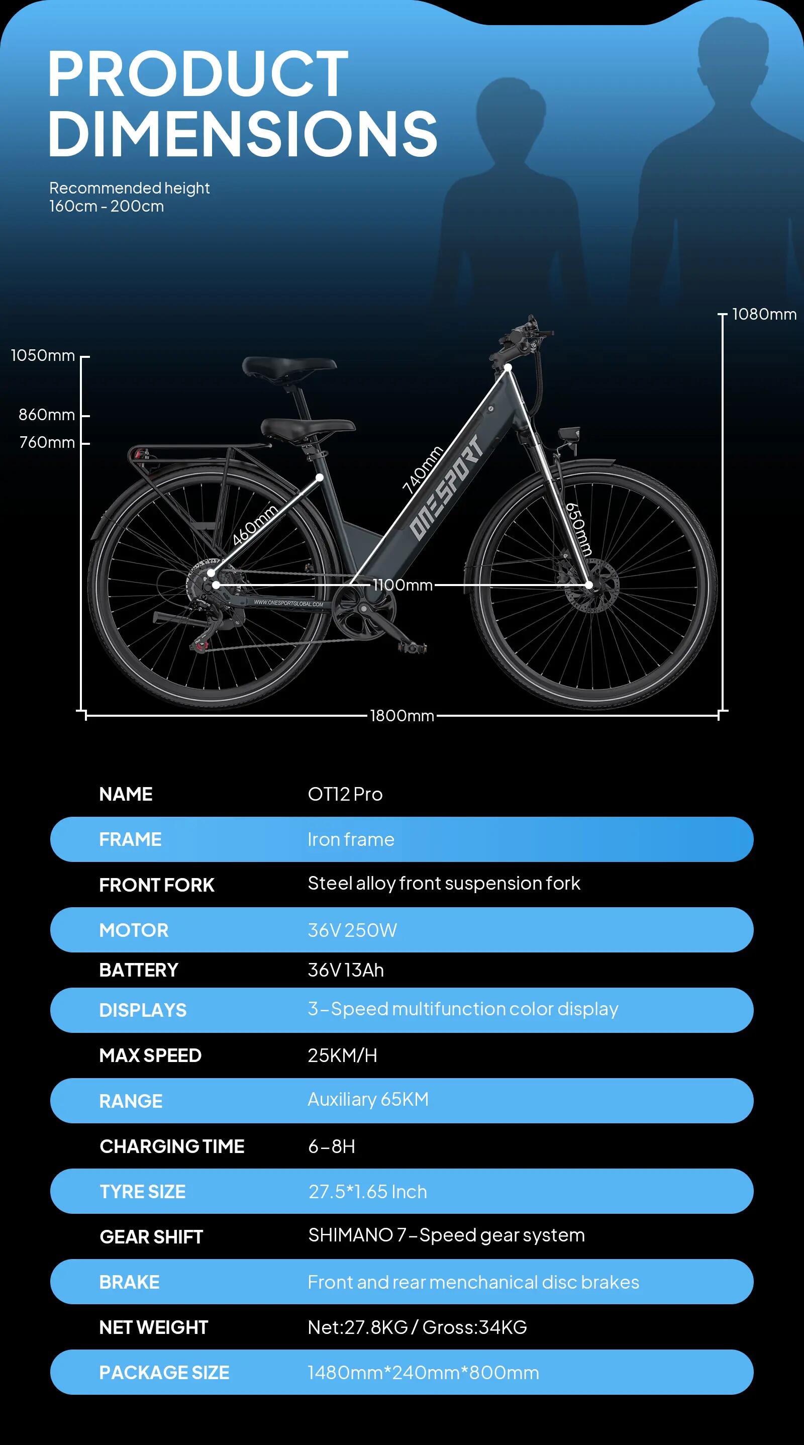 ONESPORT OT12 PRO Elektrický bicykel s pedálovou asistencou, 36V250W, 13Ah，IPX4 15/15