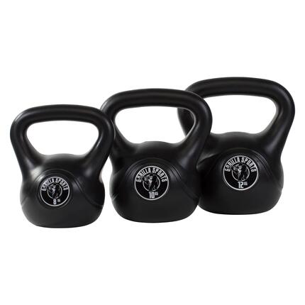 LOT DE 3 KETTLEBELLS NOIRS EN PLASTIQUE | MUSCULATION | 8KG, 10KG ET 12KG