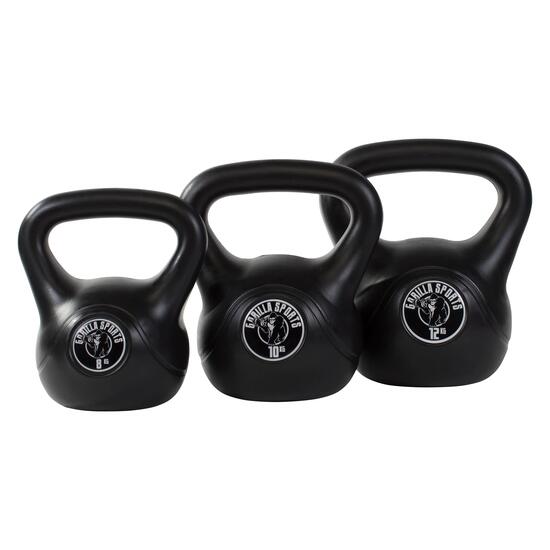 LOT DE 3 KETTLEBELLS NOIRS EN PLASTIQUE | MUSCULATION | 8KG, 10KG ET 12KG