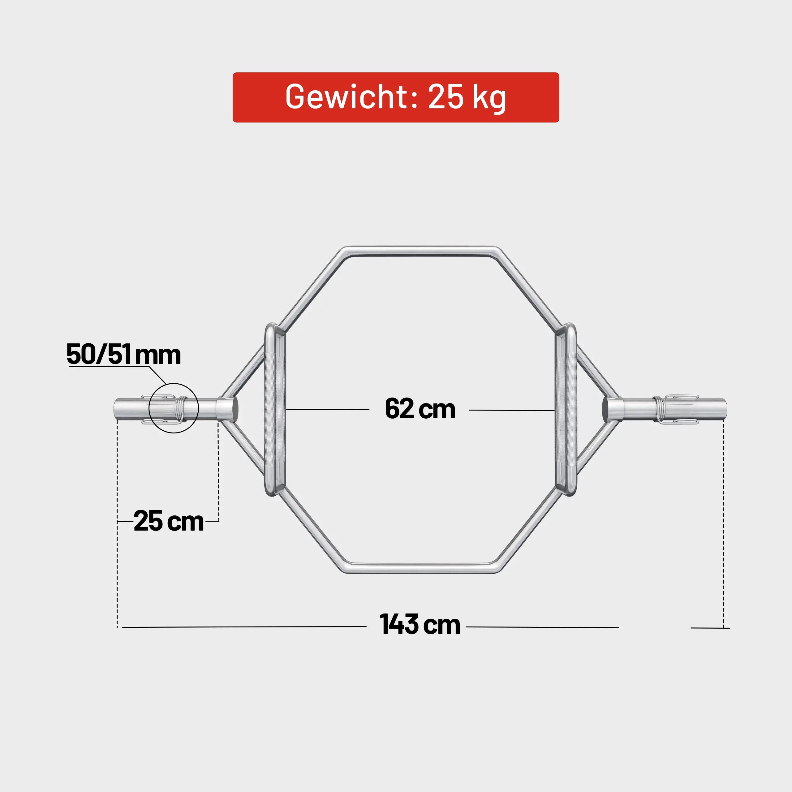 BARRE OLYMPIQUE HEXAGONALE | 25KG DIAM 50MM | MAX 270KG | STOP DISQUES À RESSORT 7/13