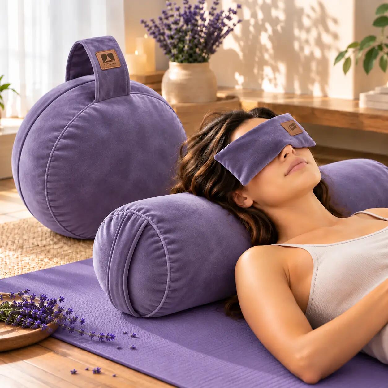 Rebuwo Kadife Meditasyon Seti - Minder + Bolster + Lavantalı Göz Yastığı - Mor 7/7