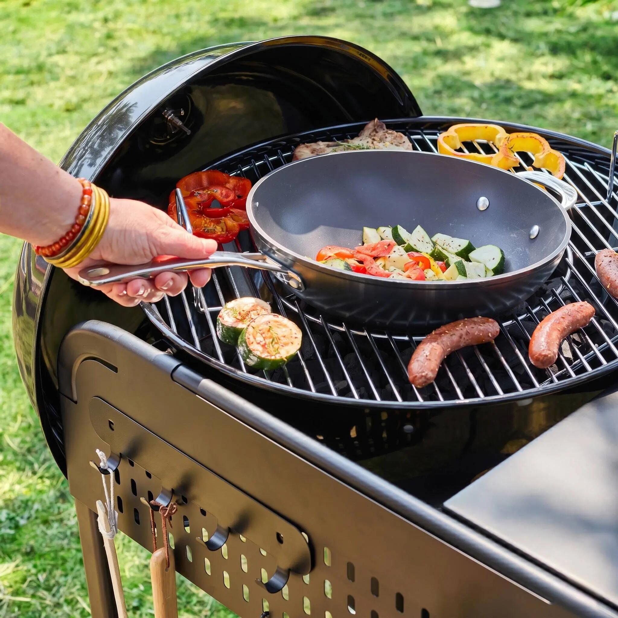Barbacoa redonda de carbón de acero esmaltado con carrito, Ø53cm , Negro 7/8
