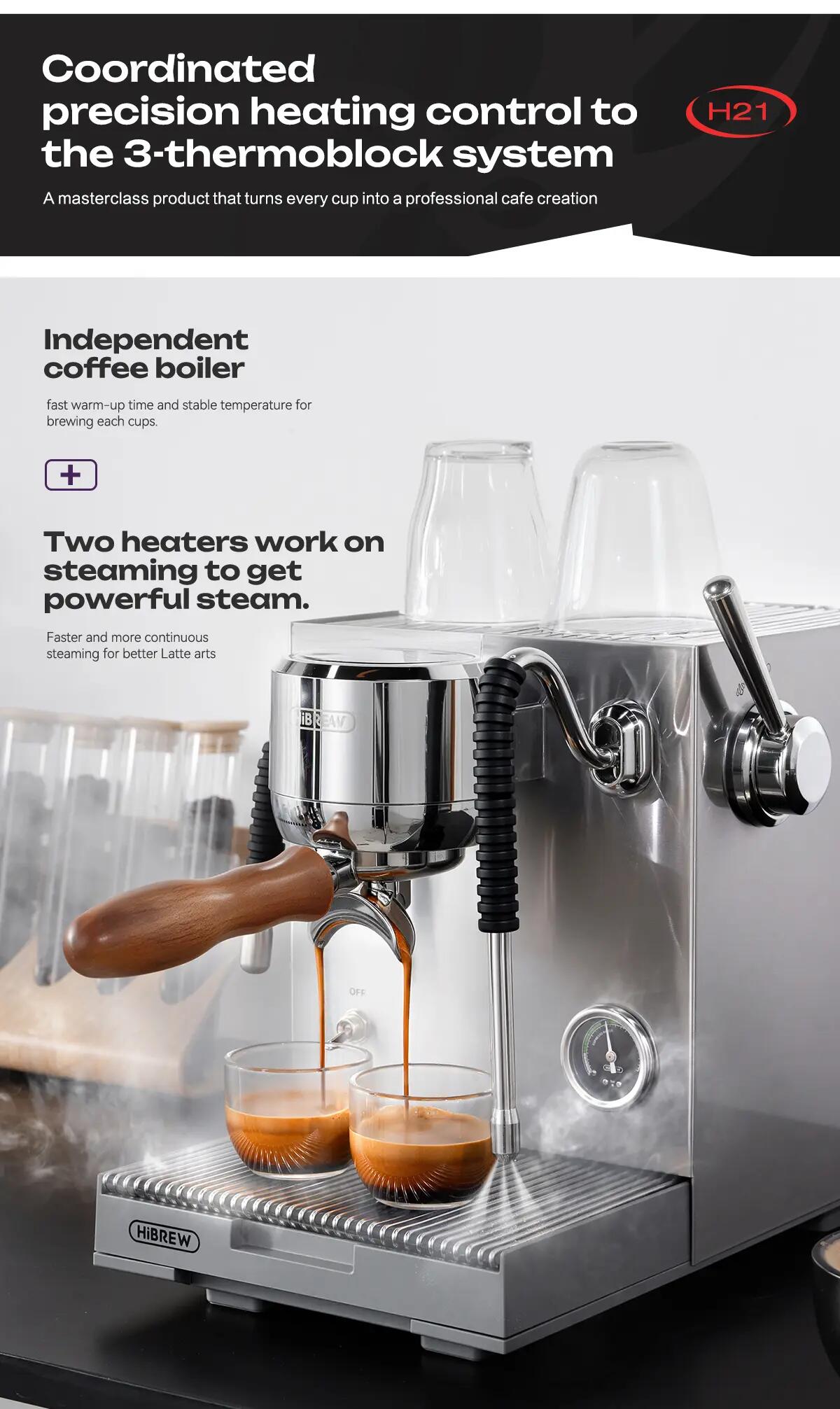 HiBREW H21 espresso kávovar, tlak pumpy 15 bar, para 5 bar 5/15