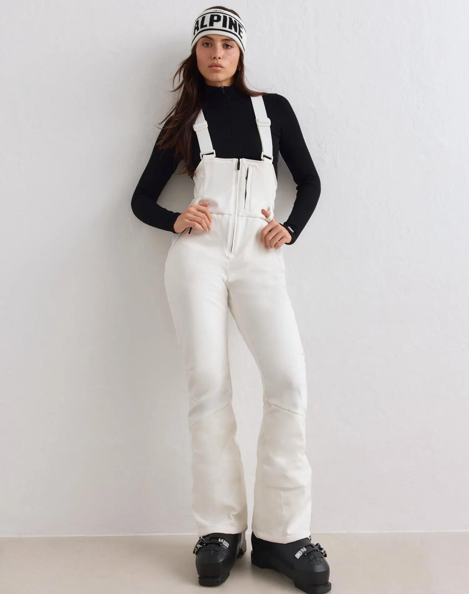Damen Latzhose Wasserdicht Weichgewebe Flauschfutter Dehnbar Warm Cremeweiß 7/7
