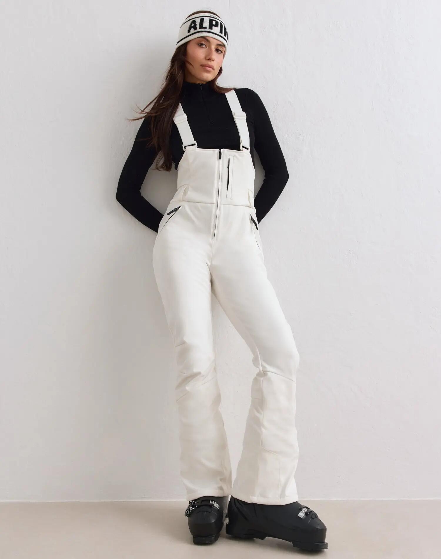 Damen Latzhose Wasserdicht Weichgewebe Flauschfutter Dehnbar Warm Cremeweiß 4/7