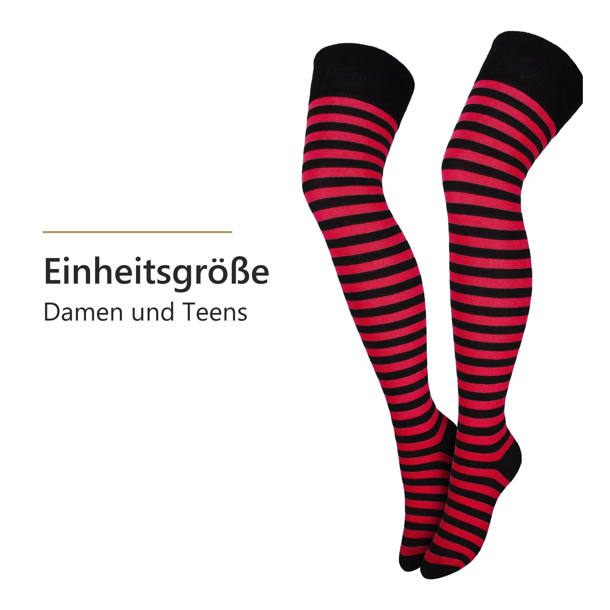 Damen Karneval Overknees Strümpfe Baumwolle Ringel oder uni Einheitsgröße 2 Paar 3/3