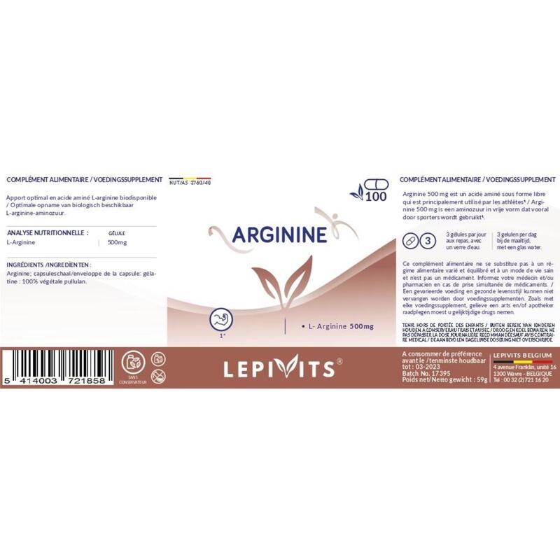 Arginine 500 - Athletes - Performance sportive - 100 gélules vegan