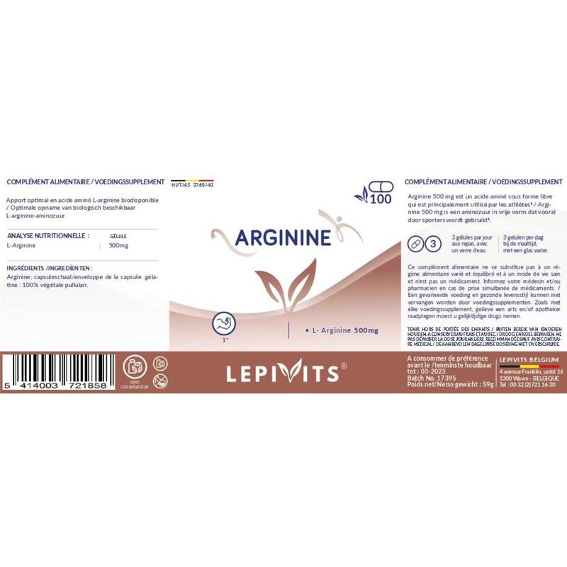 Arginine 500 - Athletes - Sportprestaties - 100 vegan capsules