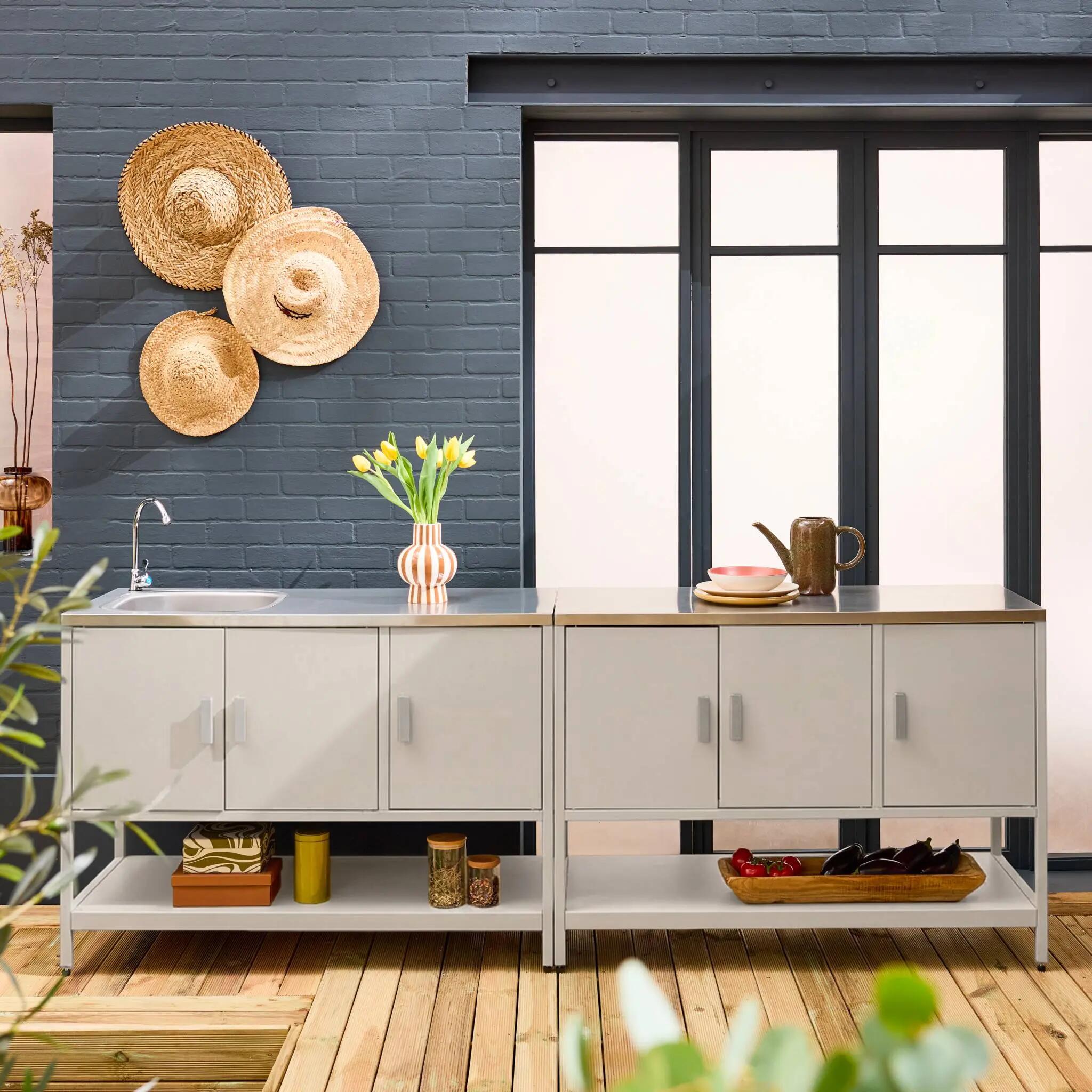 Cozinha exterior estilo ilha em aço inoxidável de 2 módulos, Bege 2/5