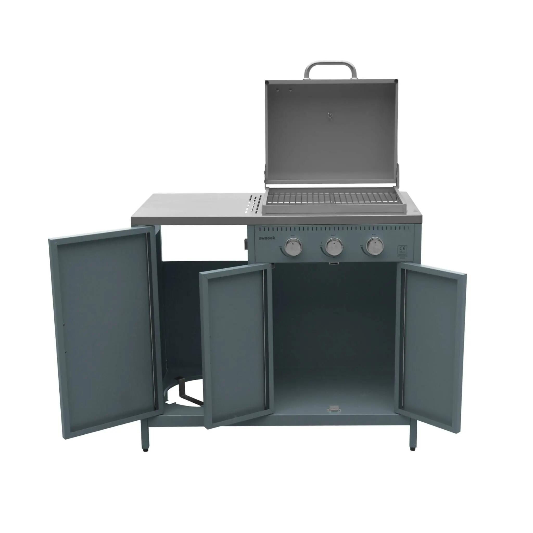 Cozinha exterior de 2 módulos com churrasqueira a gás de 3 queimadores, Azul 6/9