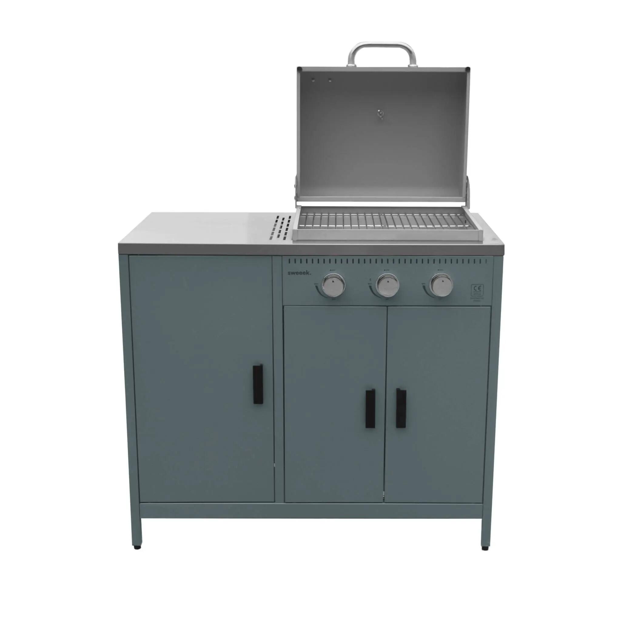 Cozinha exterior de 2 módulos com churrasqueira a gás de 3 queimadores, Azul 5/9