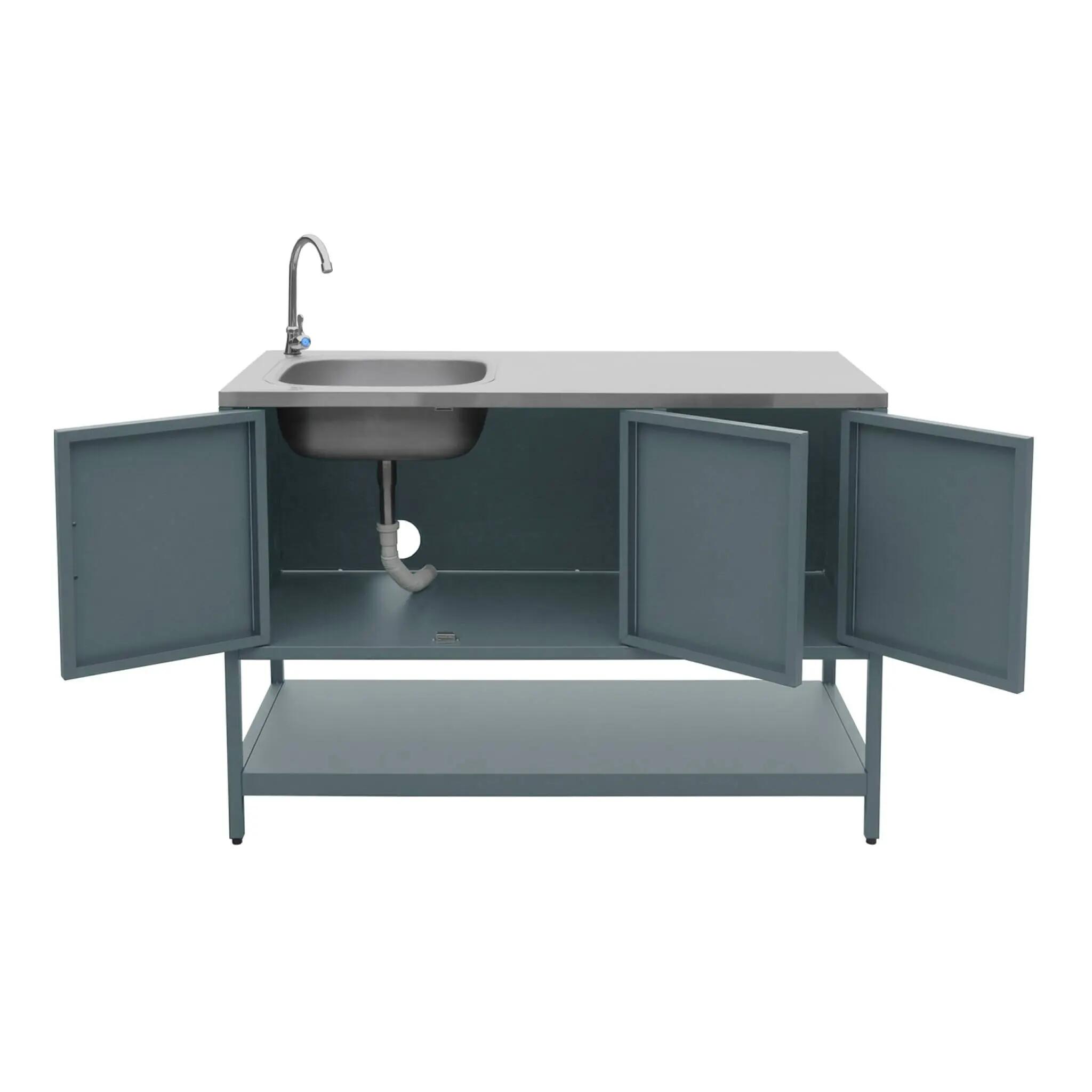 Módulo de cozinha exterior em aço com lava-loiças, L120cm, Azul cinza 3/5