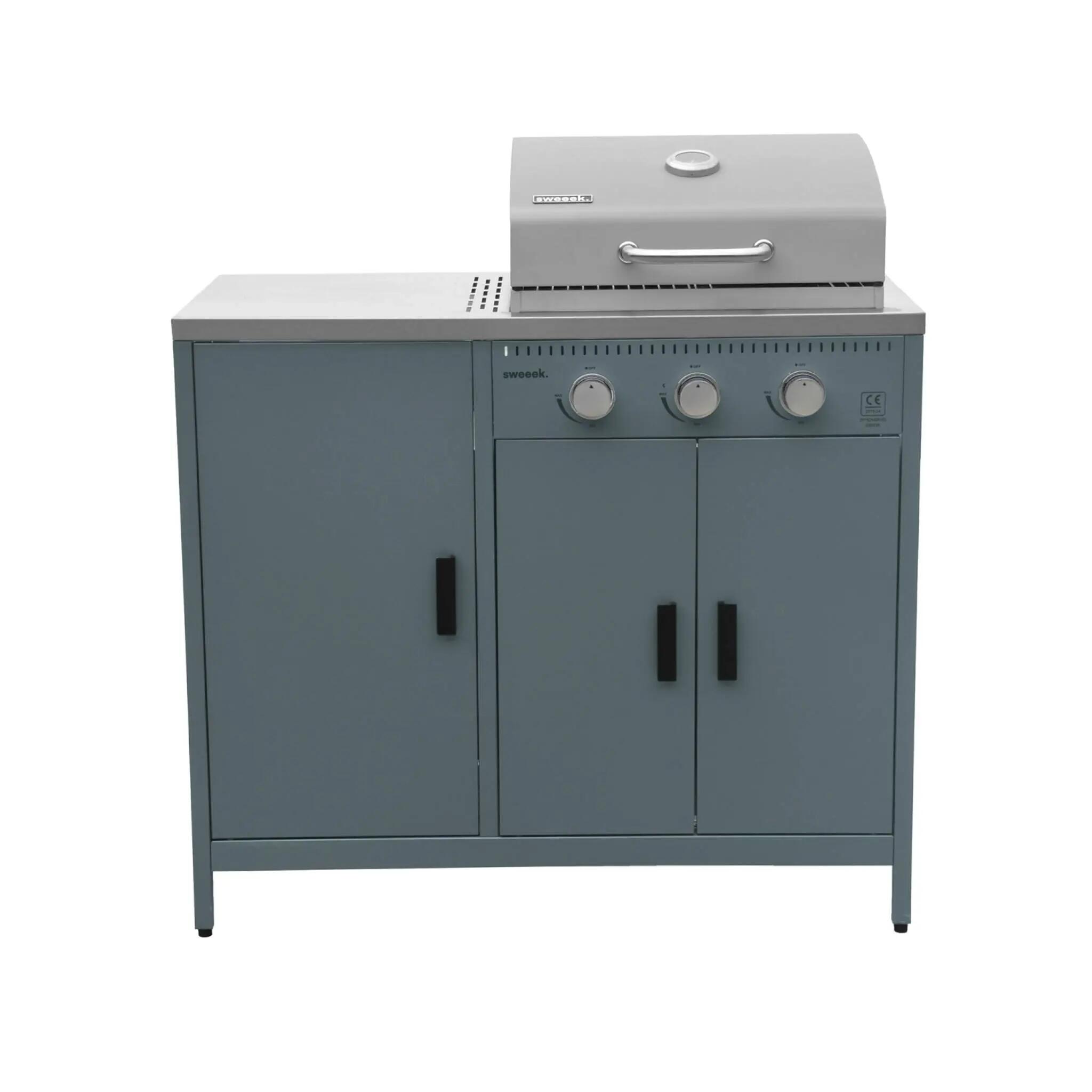 Cozinha exterior de 2 módulos com churrasqueira a gás de 3 queimadores, Azul 3/9