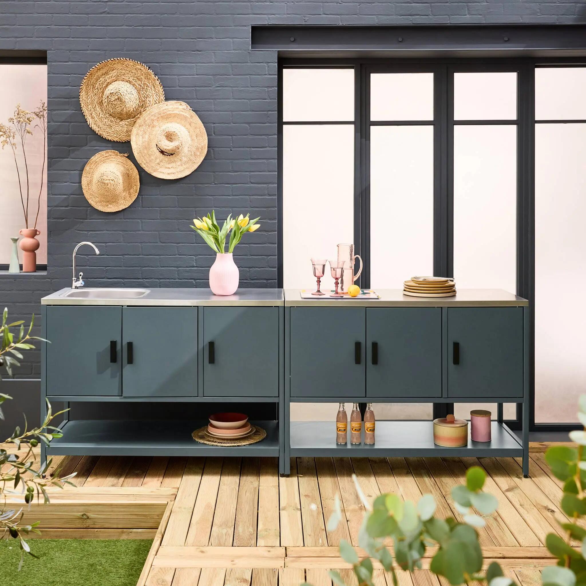 Cozinha exterior estilo ilha em aço inoxidável de 2 módulos, Azul cinza 2/5