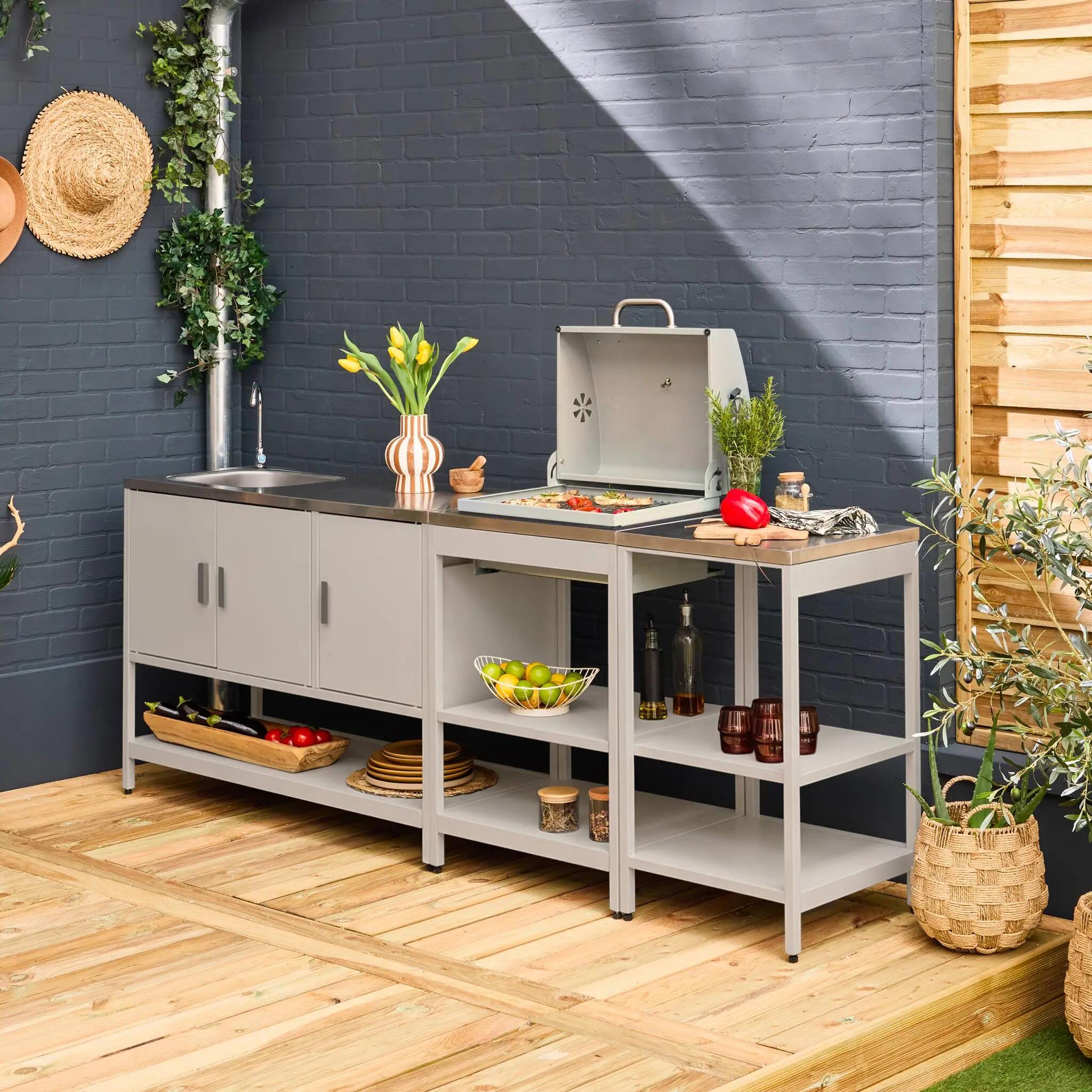 Cozinha exterior de 3 módulos com churrasqueira a carvão , Bege 2/6