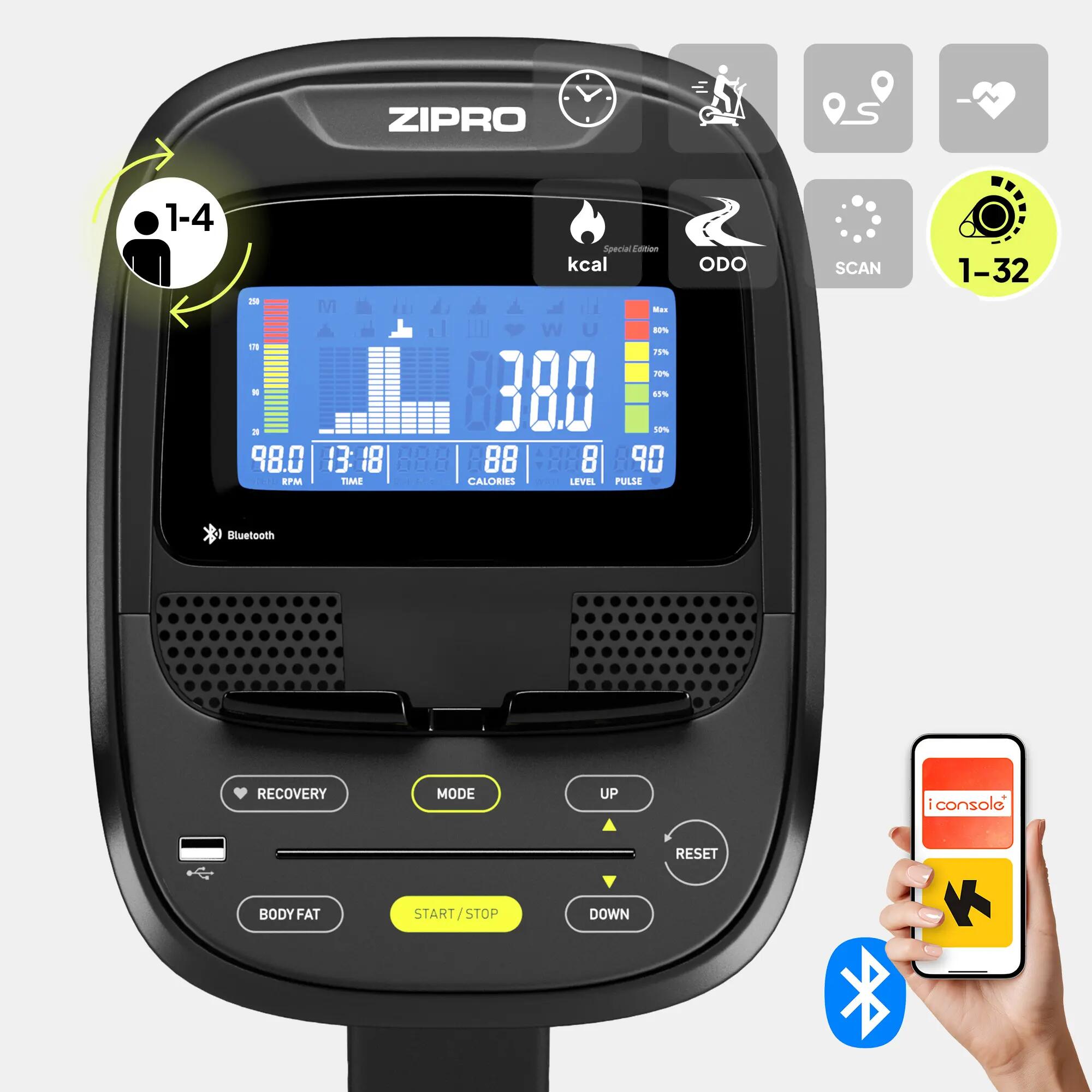 Elektromagnetický eliptický trenažér ZIPRO Heat, iConsole+, Kinomap 6/13