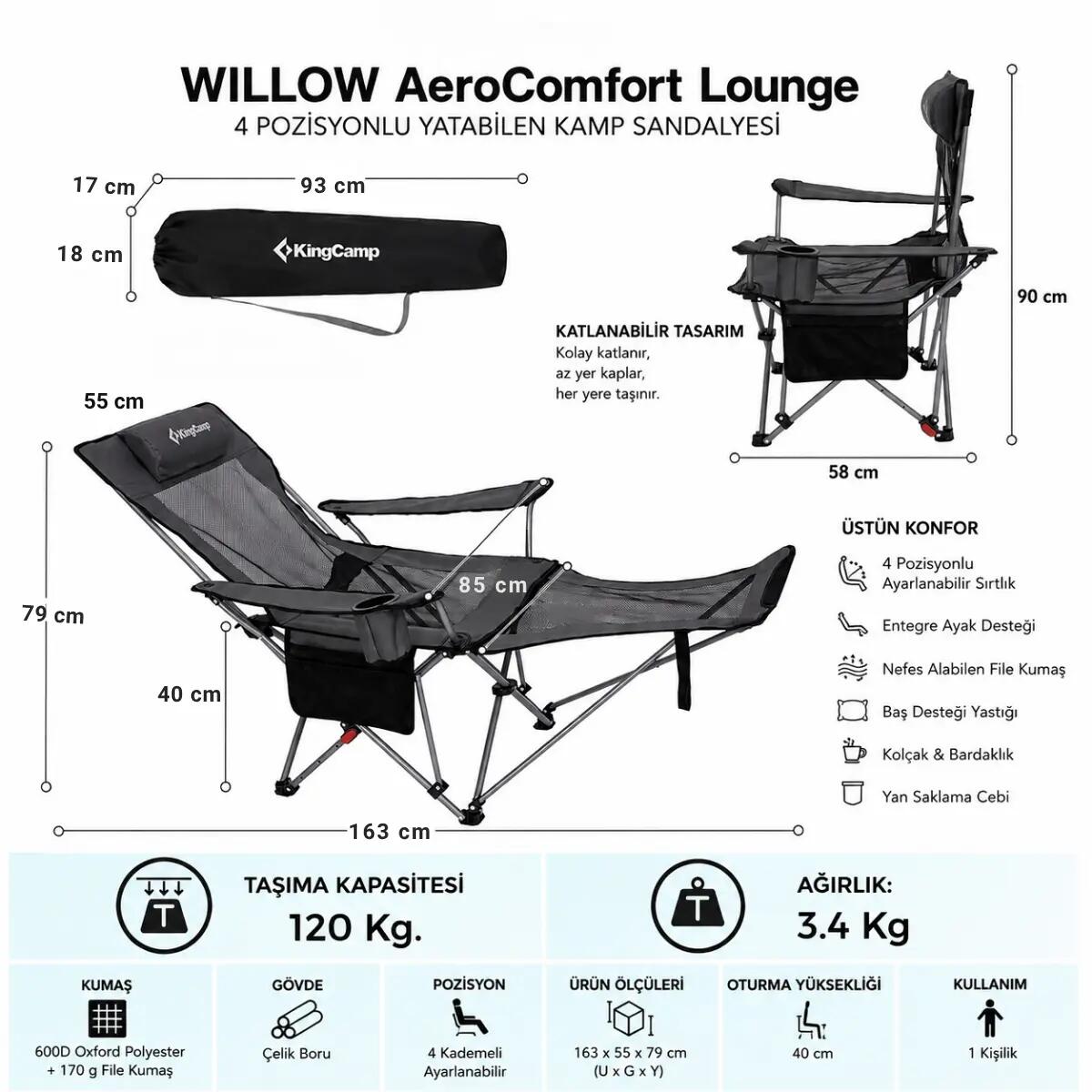 KingCamp WILLOW AeroComfort Lounge 4 Pozisyonlu Yatabilen Kamp Sandalyesi 4/7