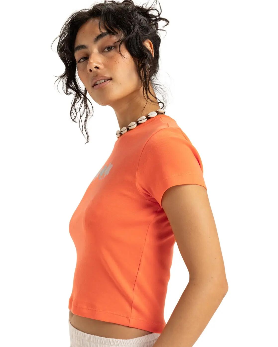 Kurzärmliges T-Shirt mit Screen-Print BEACH LOVE Orange Damen 3/4