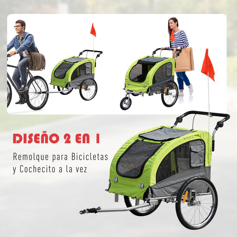 Reboque Bicicleta Cães 155x83x103 cm Verde e Cinza PawHut